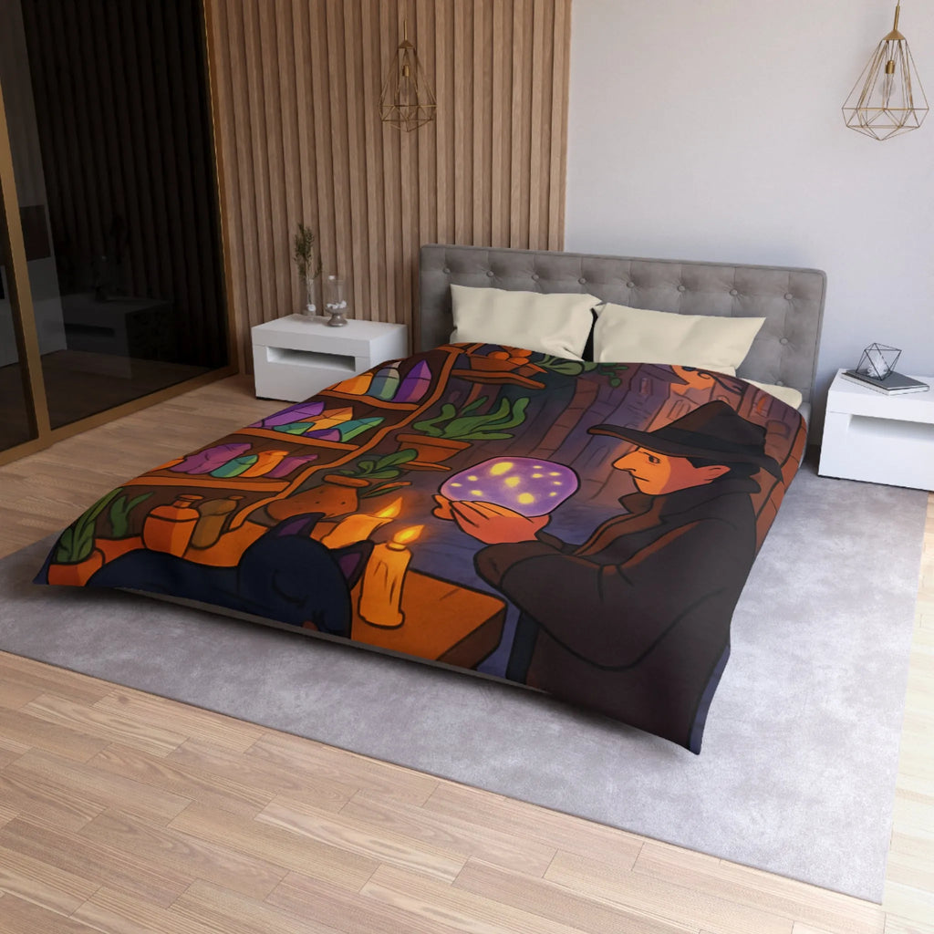 Housse de couette élégante avec scène mystique de ruelle et chat noir