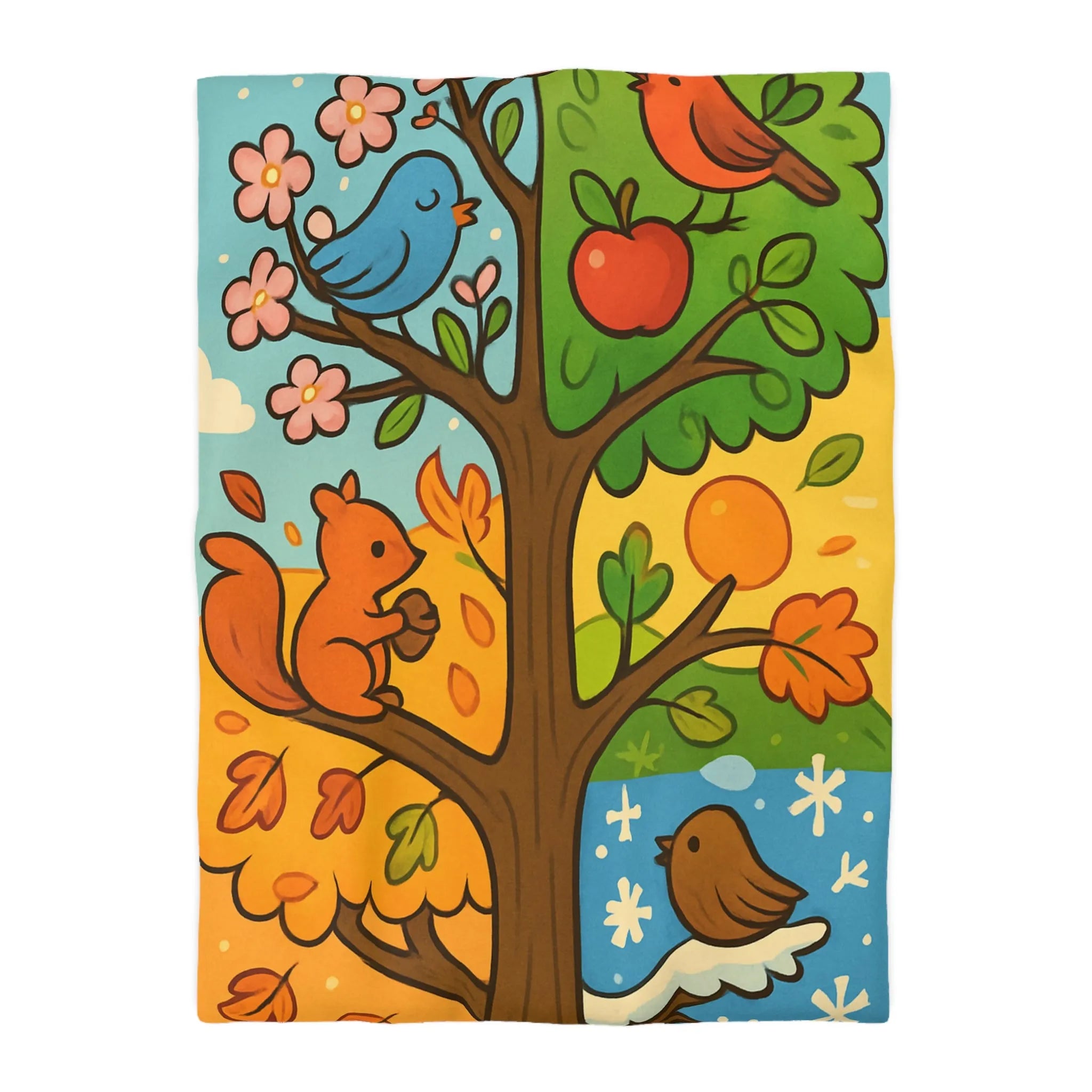 Housse de couette illustrée de l'arbre des quatre saisons avec nature et faune