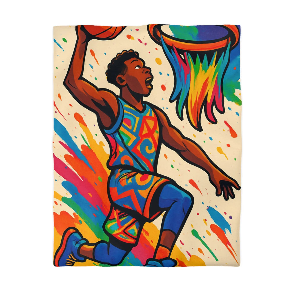 Housse de Couette Basket Éclatante : Athlete en Action avec Arc-en-Ciel Coloré