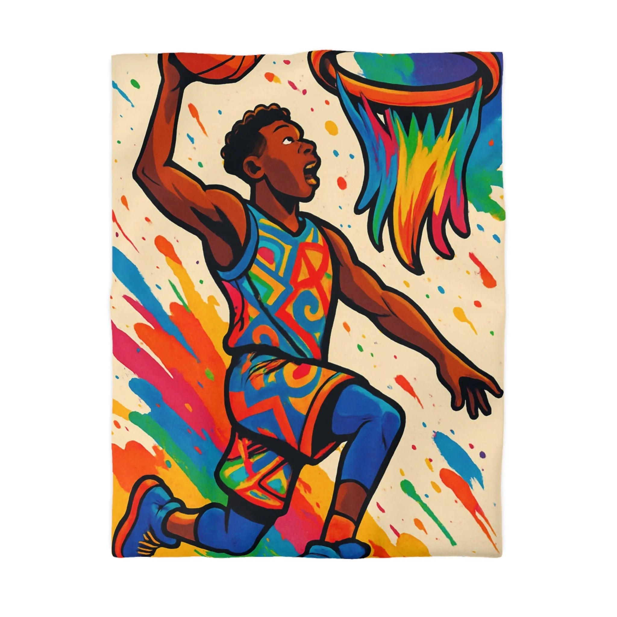 Housse de Couette Basket Éclatante : Athlete en Action avec Arc-en-Ciel Coloré