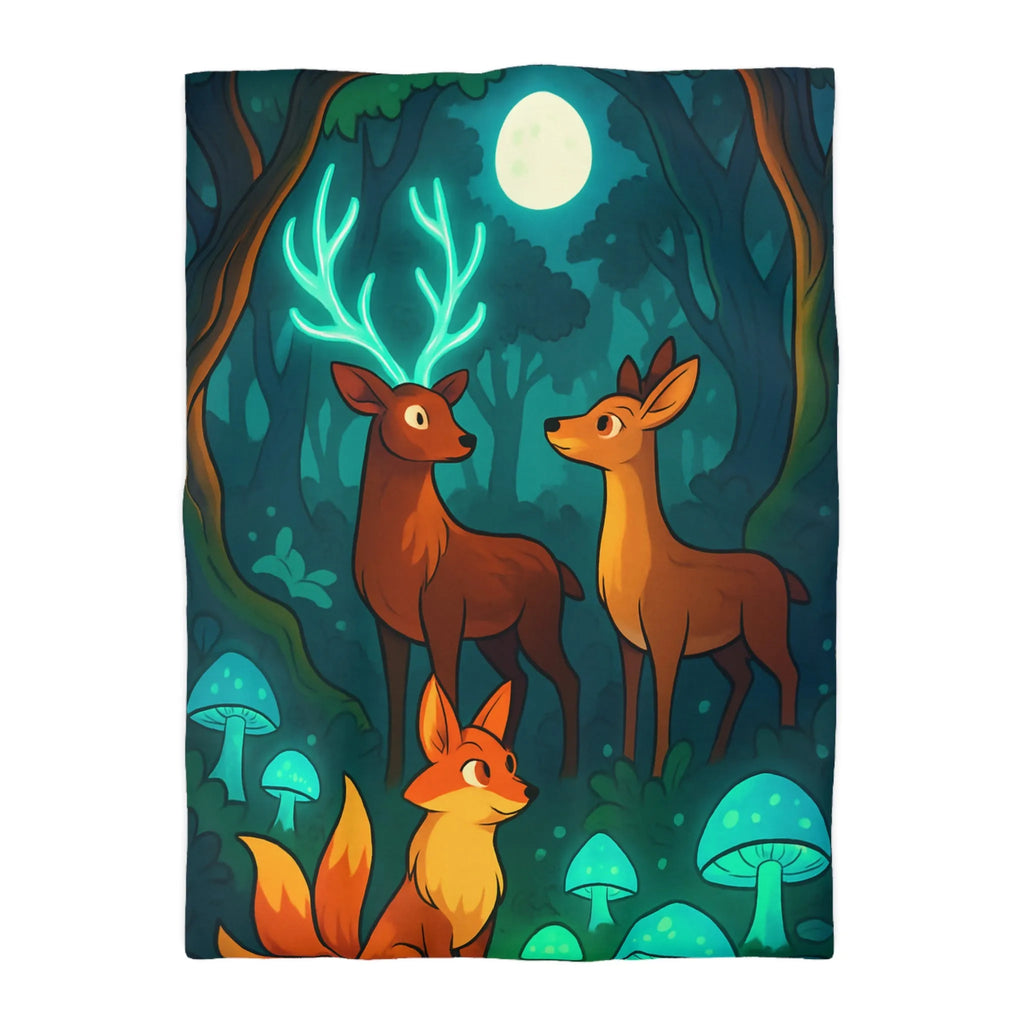 Housse de couette avec animaux de forêt et champignons sous lumière lunaire magique