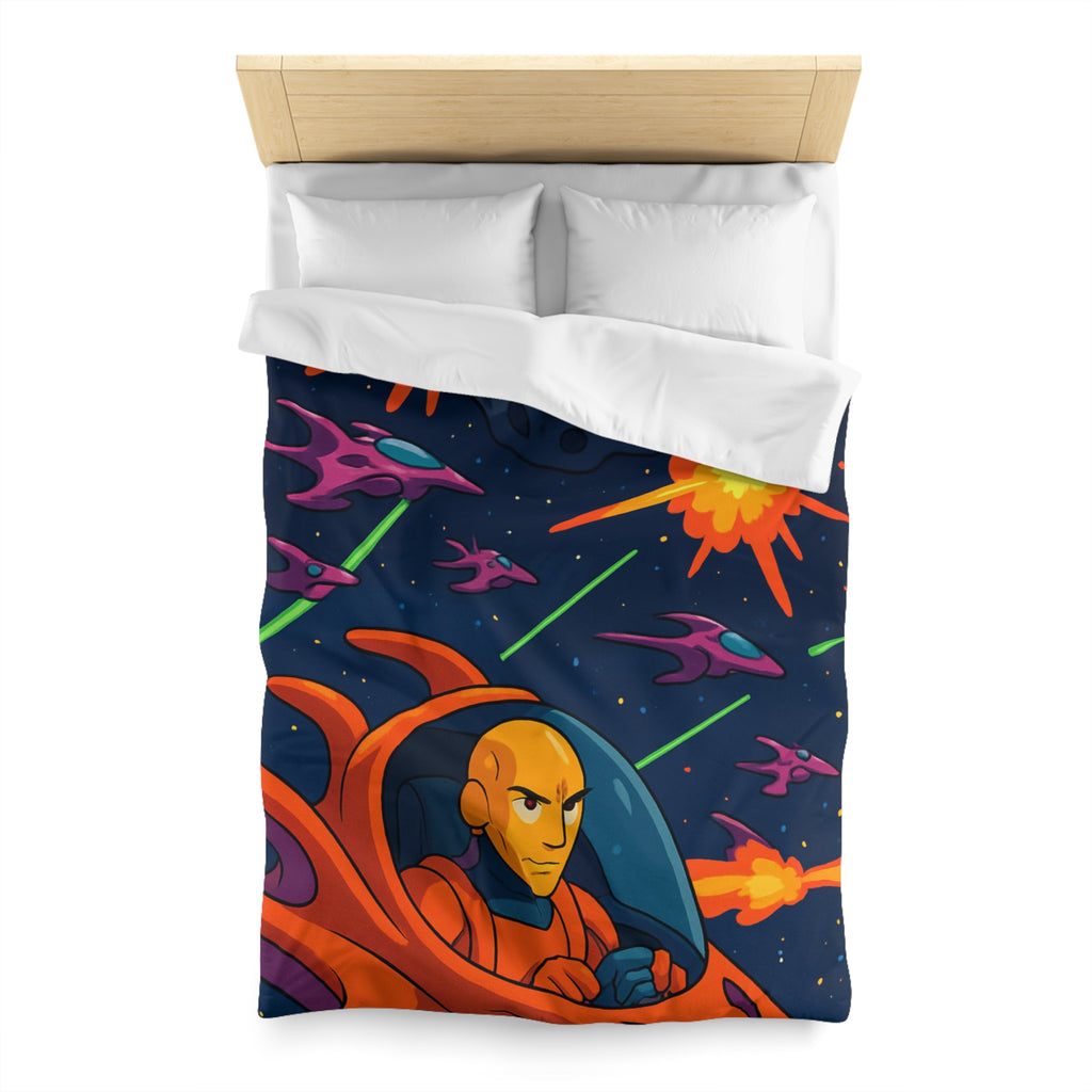 Housse de couette style rétro avec vaisseaux spatiaux et astéroïdes en explosion