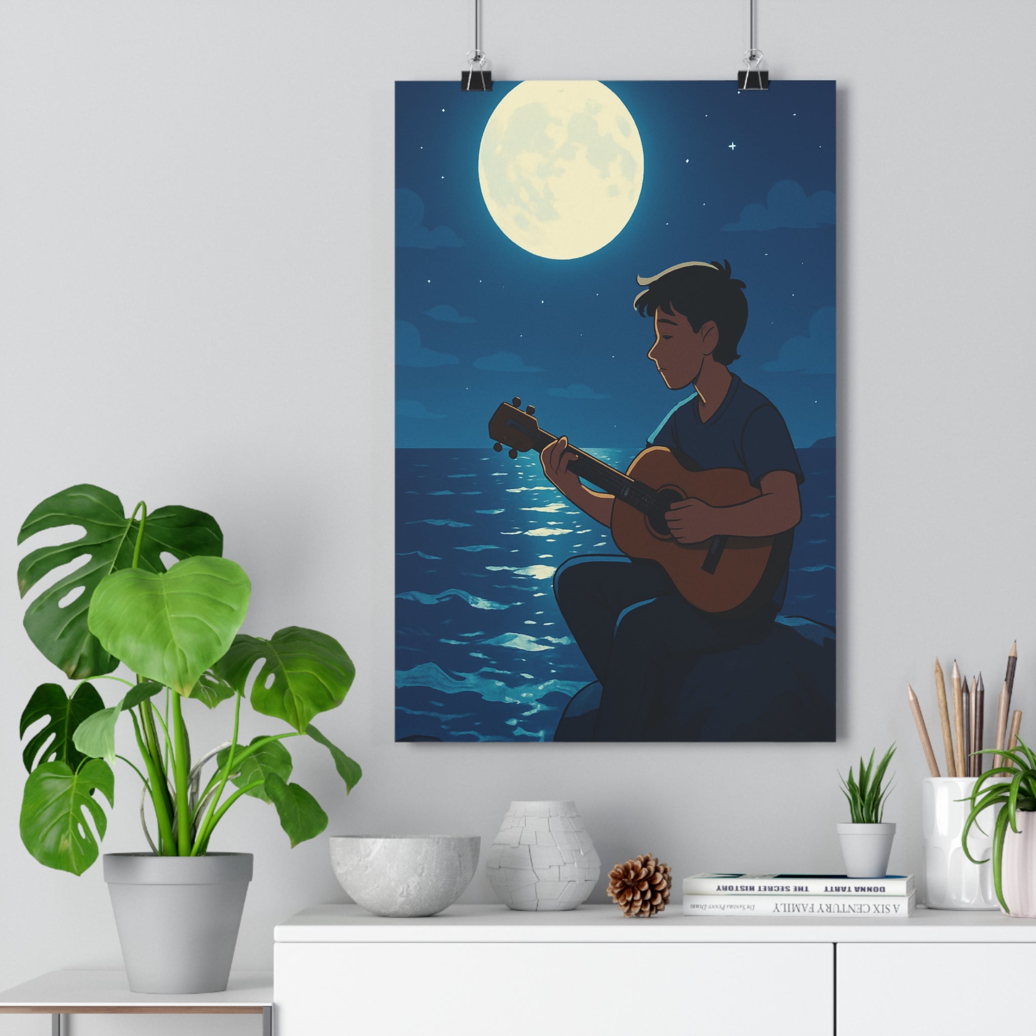 Poster décoratif lune guitare garçon dessin animé mer bleu jaune apaisant ambiance sereine chambre