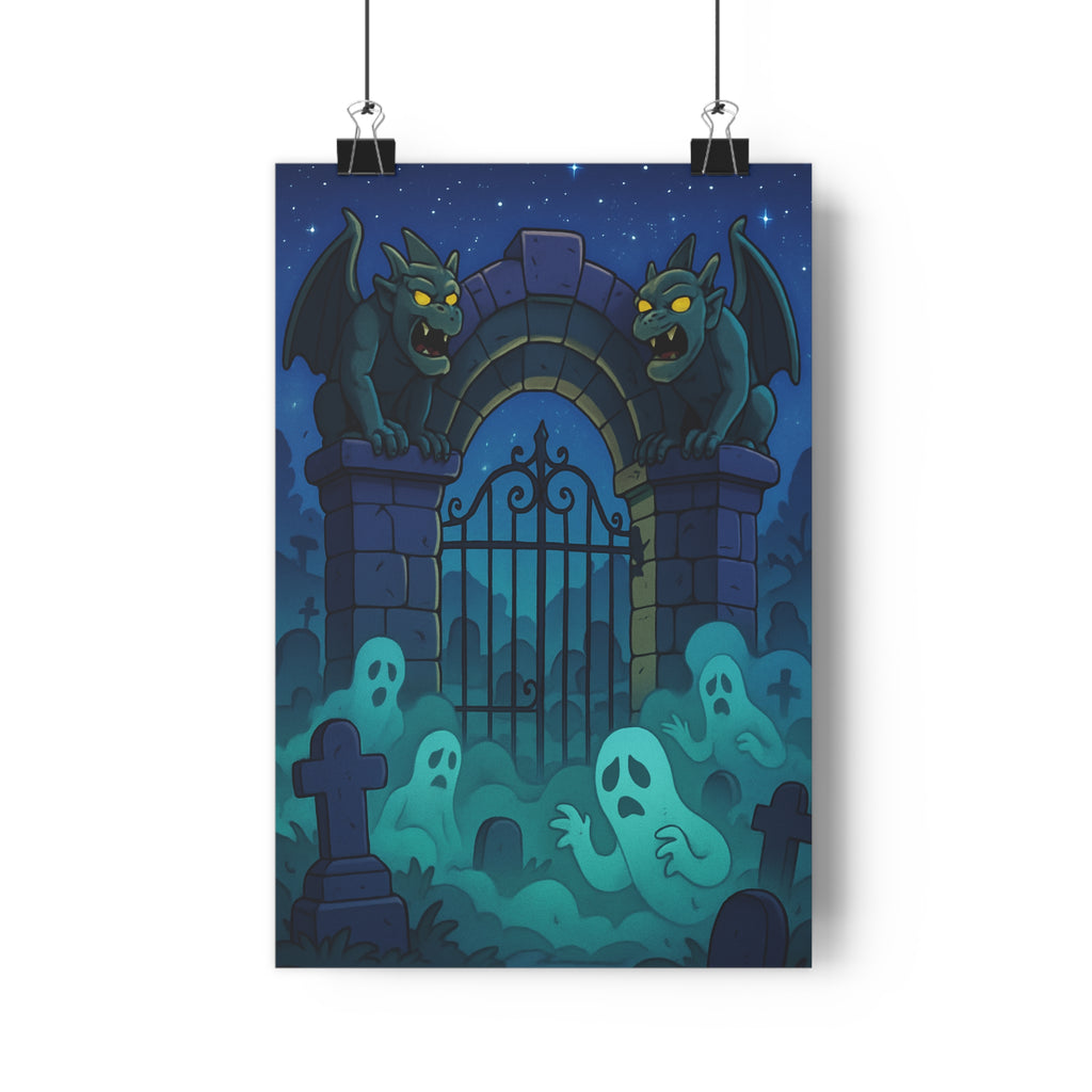 Poster décoratif mystique cimetière gargouille dessin animé sombre gothique bleu noir fantôme chambre ambiance