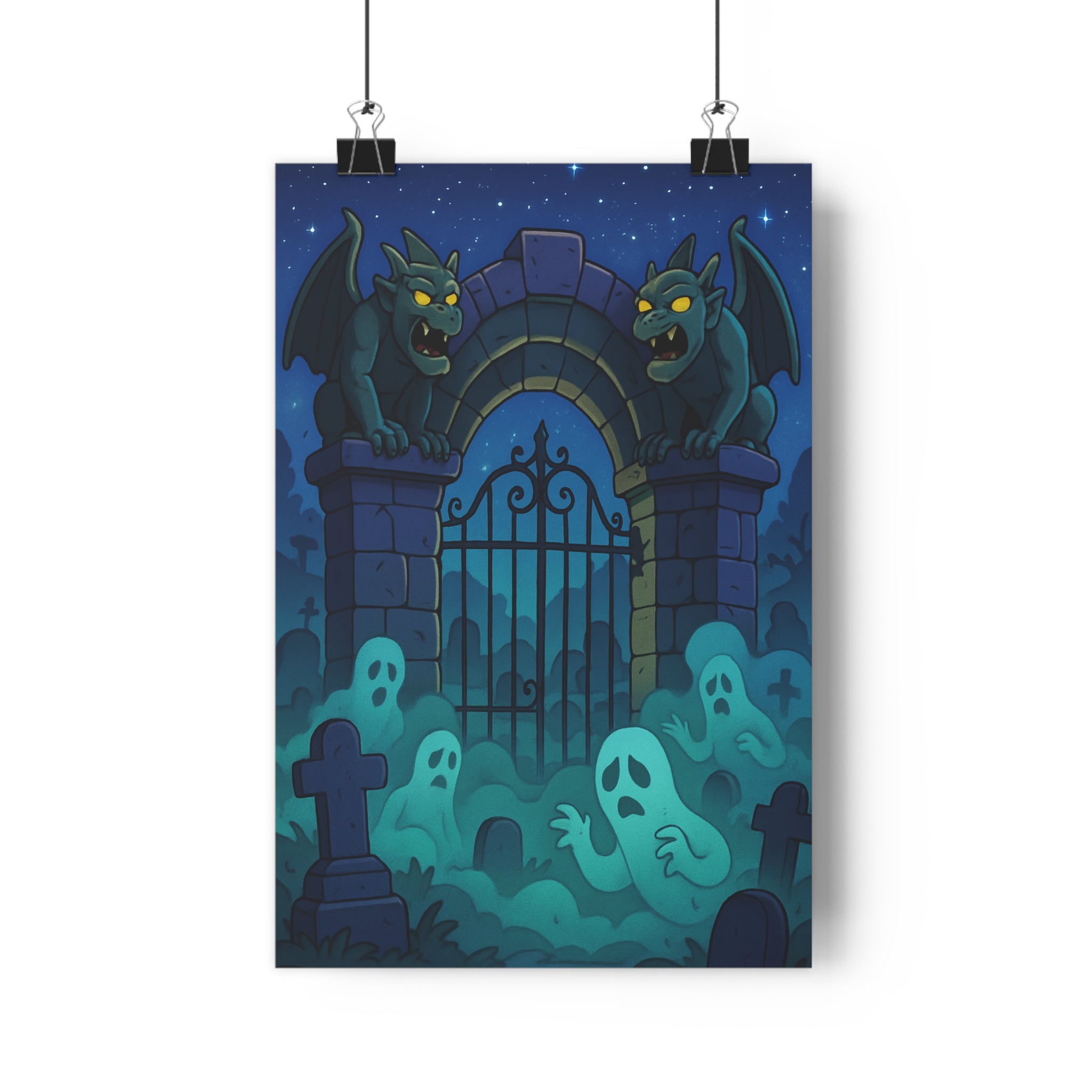 Poster décoratif mystique cimetière gargouille dessin animé sombre gothique bleu noir fantôme chambre ambiance