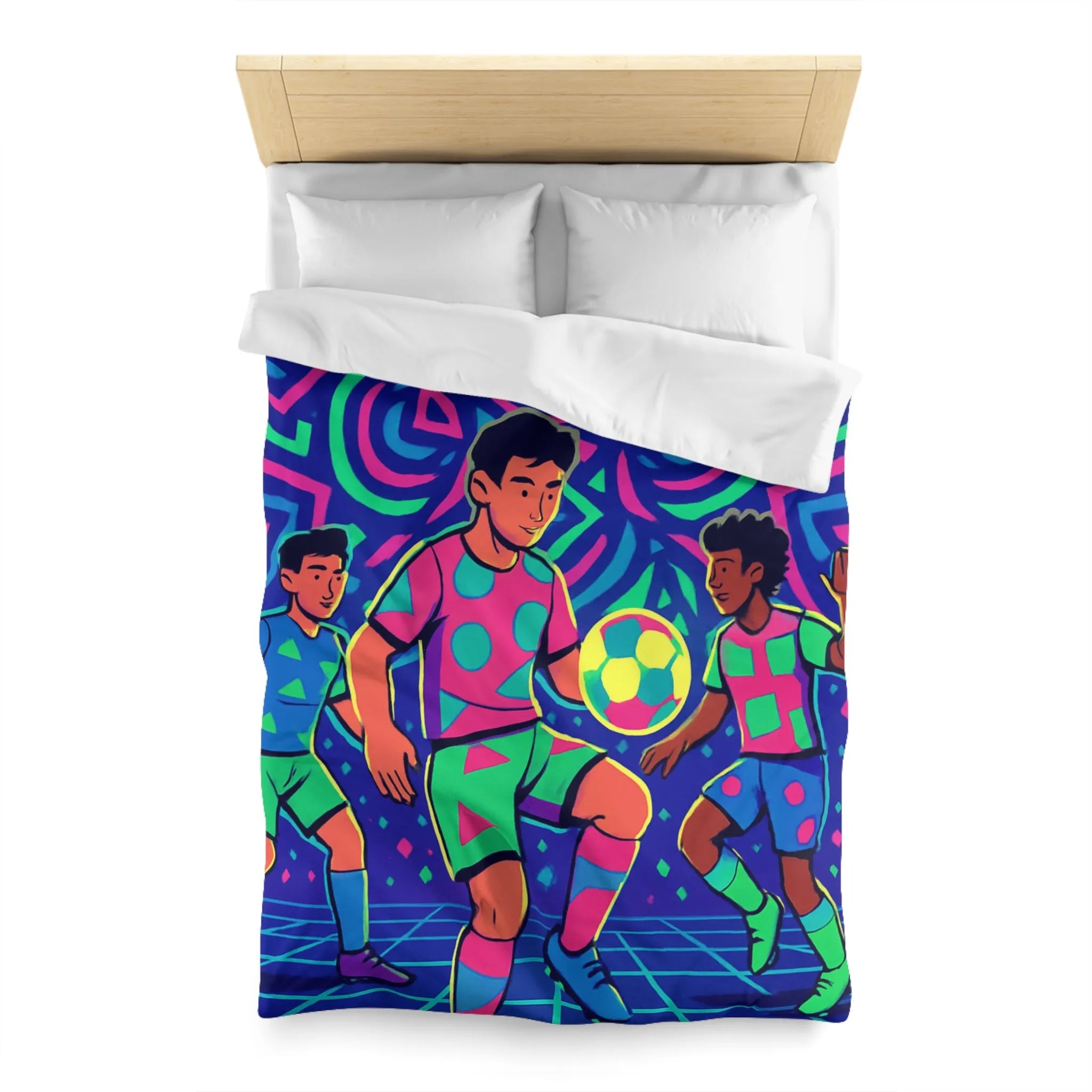 Housse de Couette Football Colorée avec Motifs Psychédéliques et Jeunes Joueurs en Action