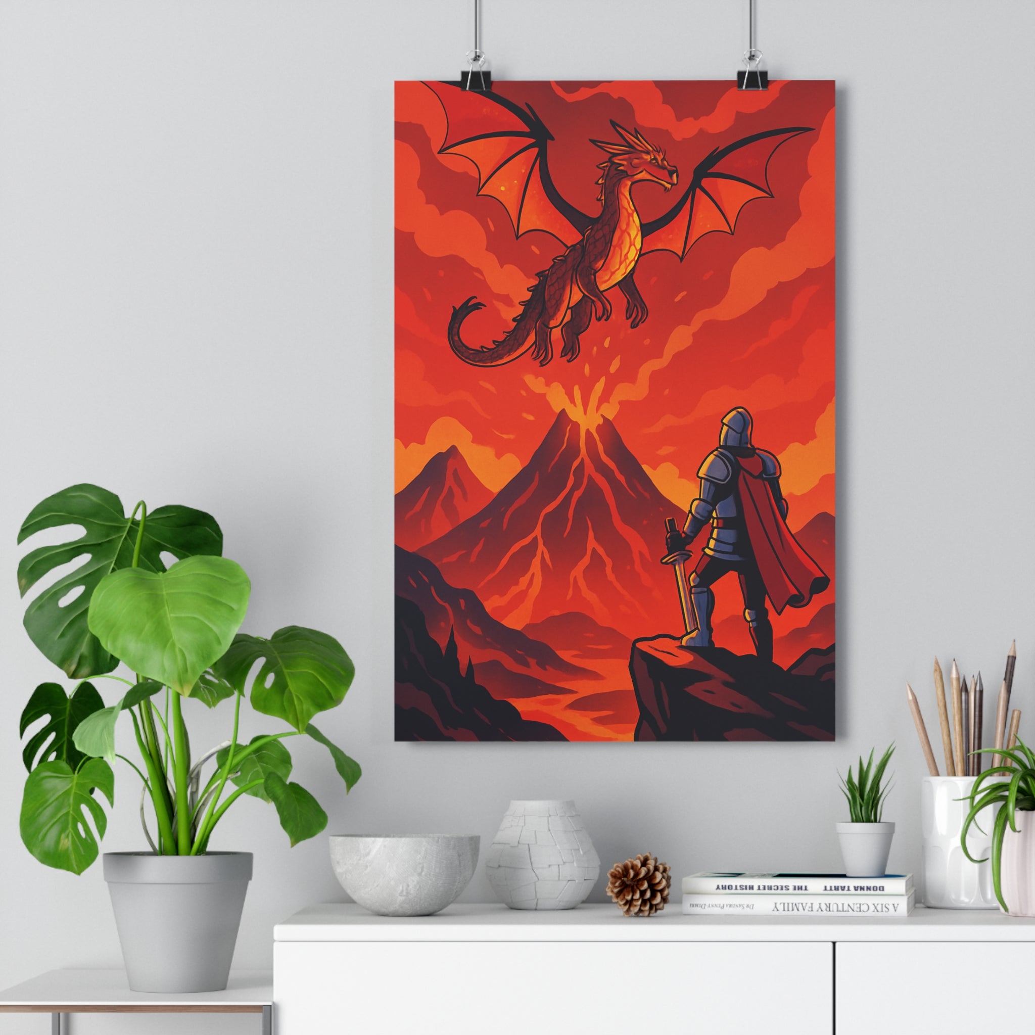Poster décoratif dessin animé rouge orange dragon volcan chevalier épique mythologique chambre bureau 30x46