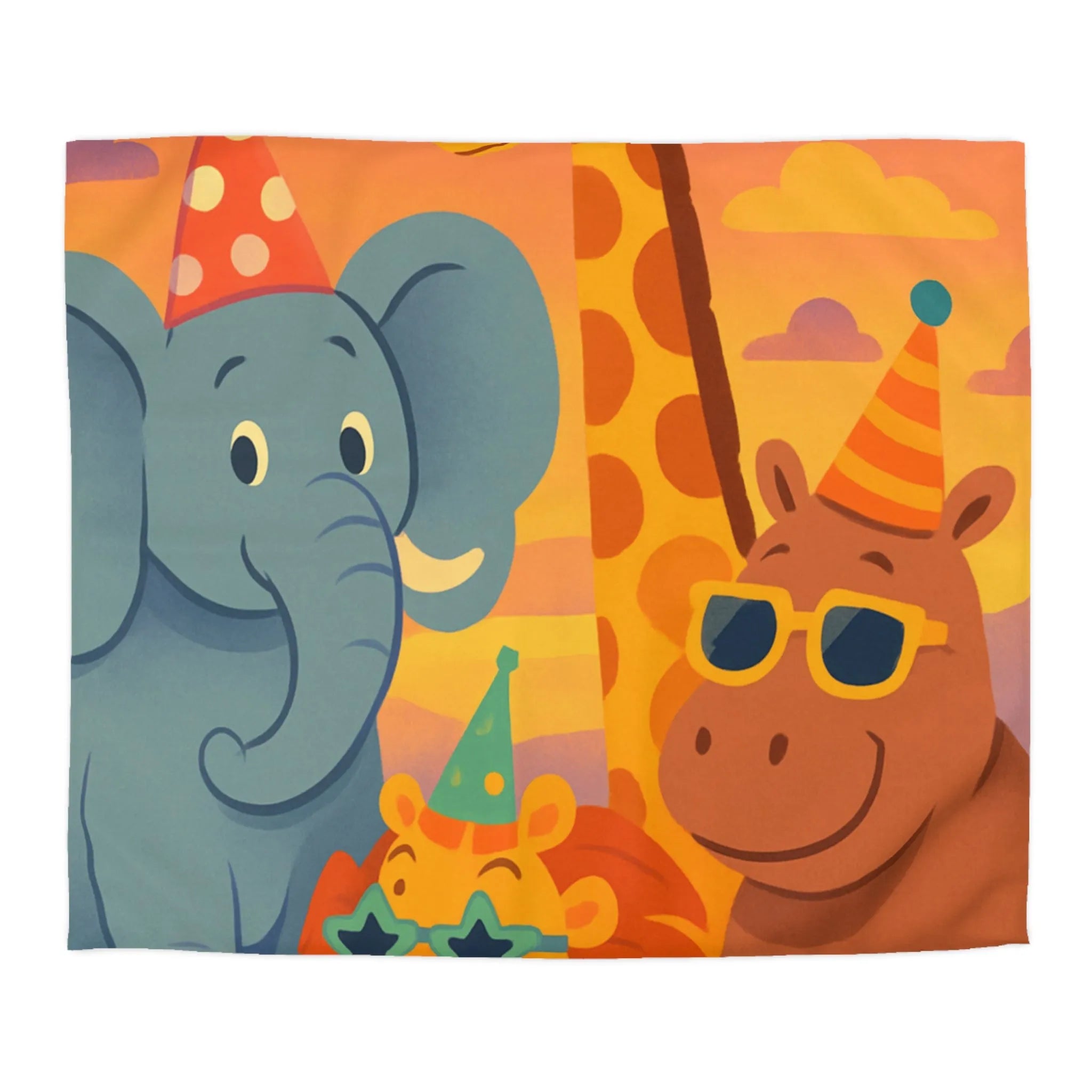 Housse de couette enfantine avec animaux de safari festifs et chapeaux colorés en fête