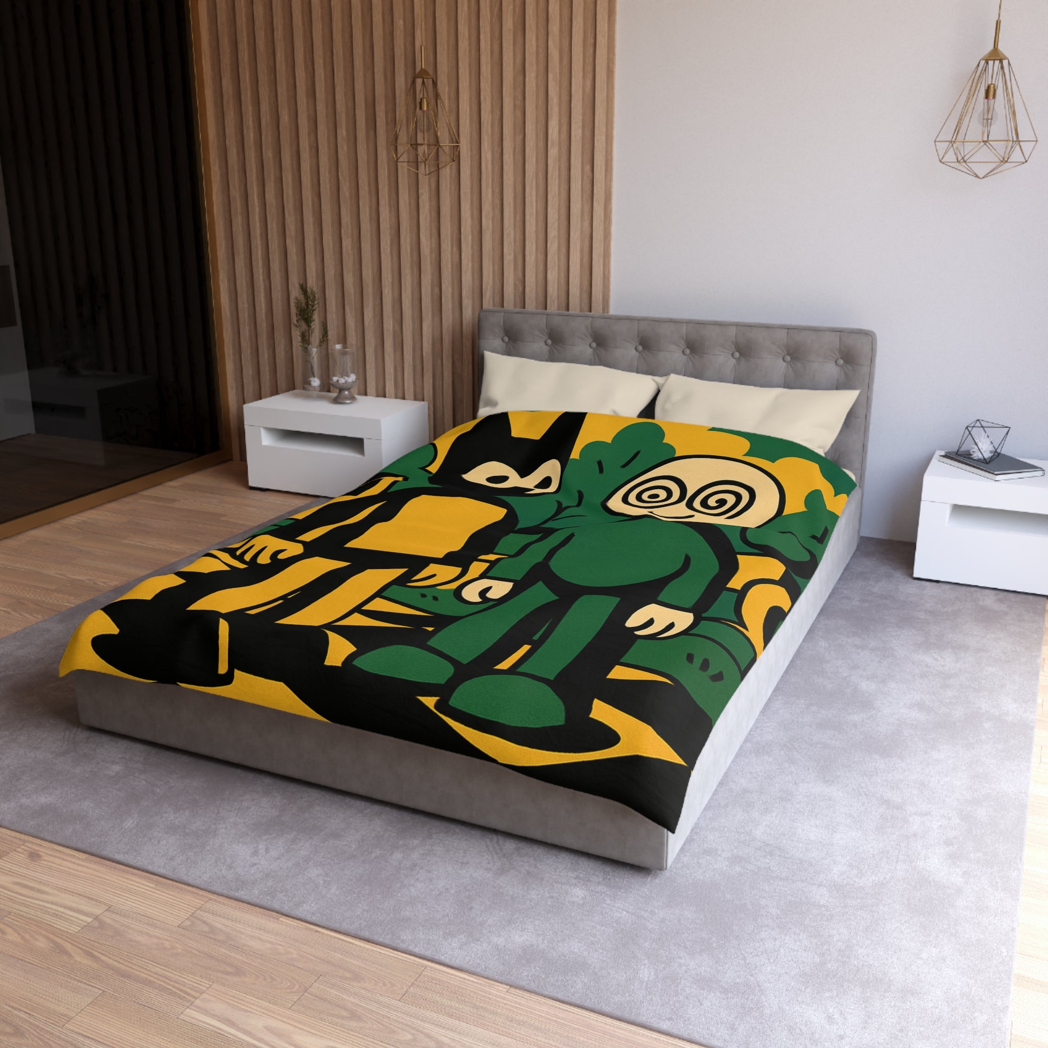 Housse de couette style pop-art cartoon avec personnages et paysage graphique original