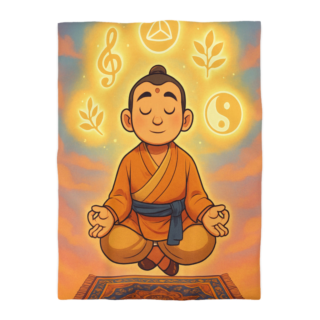 Housse de couette zen avec méditation, symboles spirituels, orange et bleu apaisant