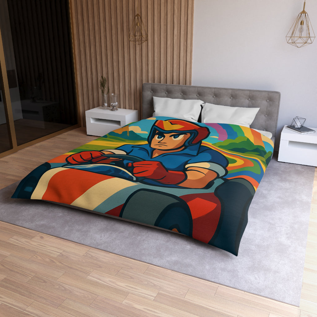 Housse de couette rétro colorée avec pilote de karting sous un arc-en-ciel vibrant