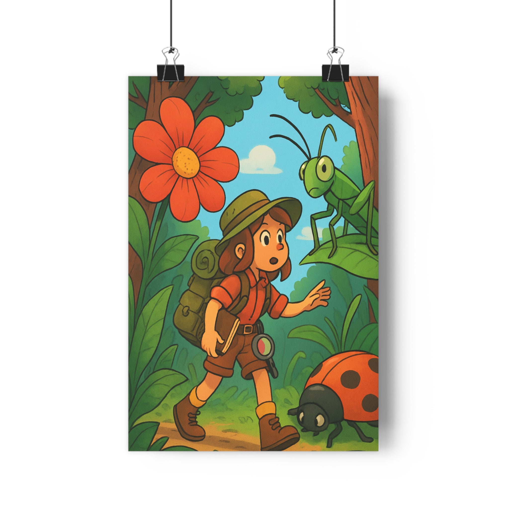 Poster décoratif enfant dessin animé coloré joyeux aventure explorateur forêt chapeau sac coccinelle sauterelle