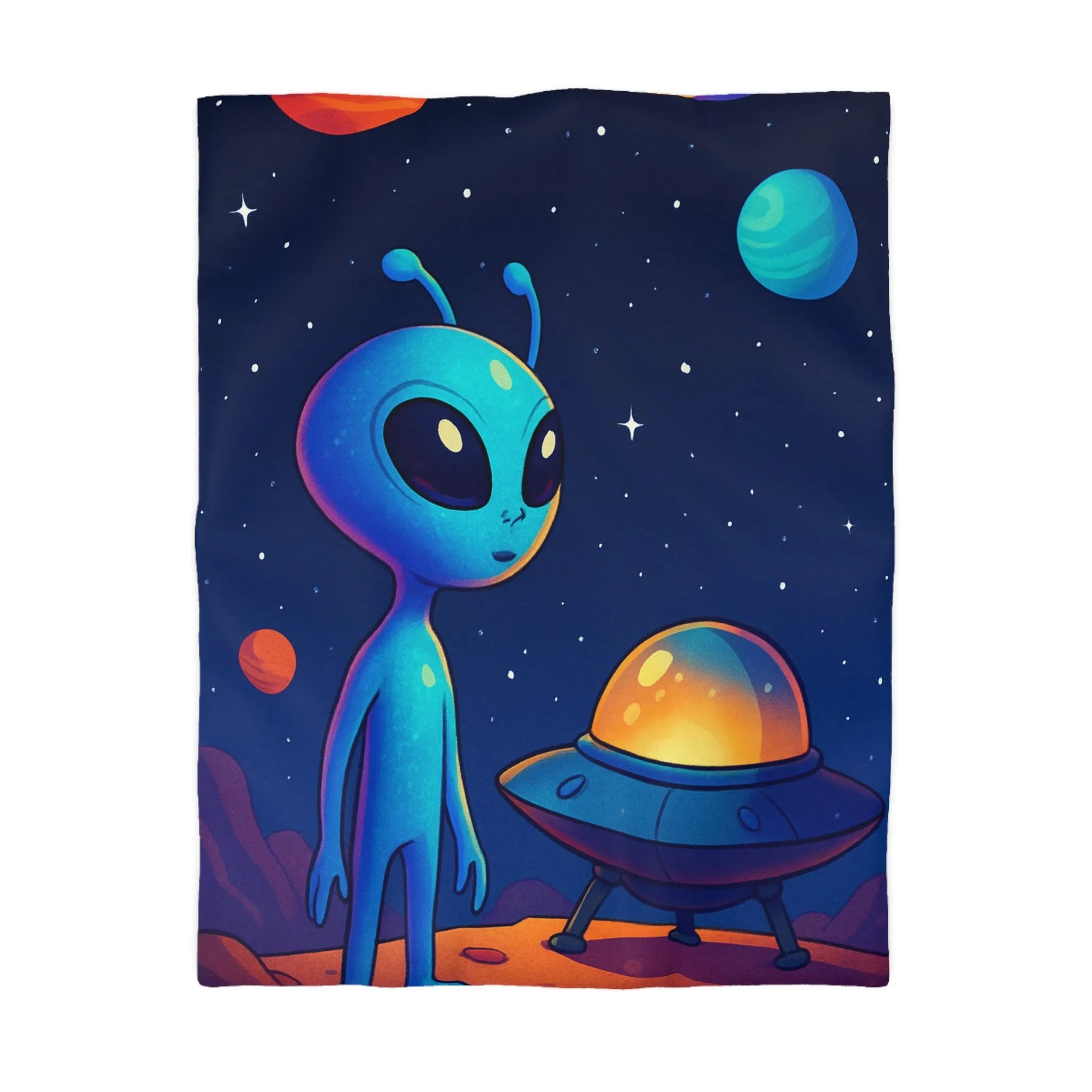 Housse de couette avec motif adorable de petit extraterrestre bleu et soucoupe volante