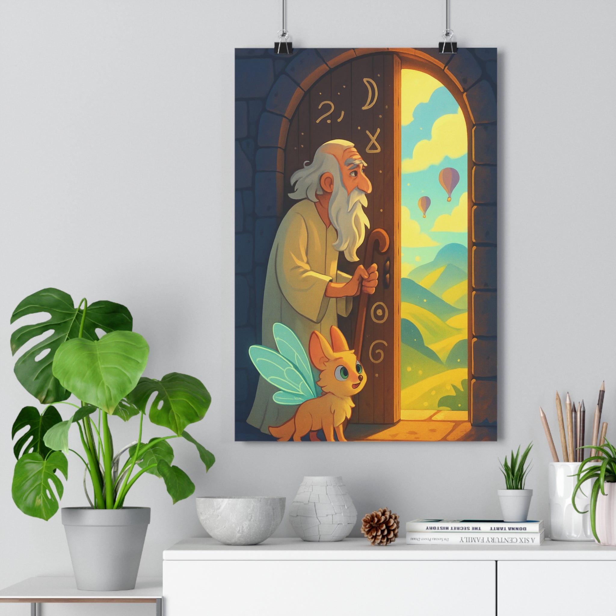 Poster décoratif pastel mystique lumineux salon chambre aventure homme créature nature bois symboles collines