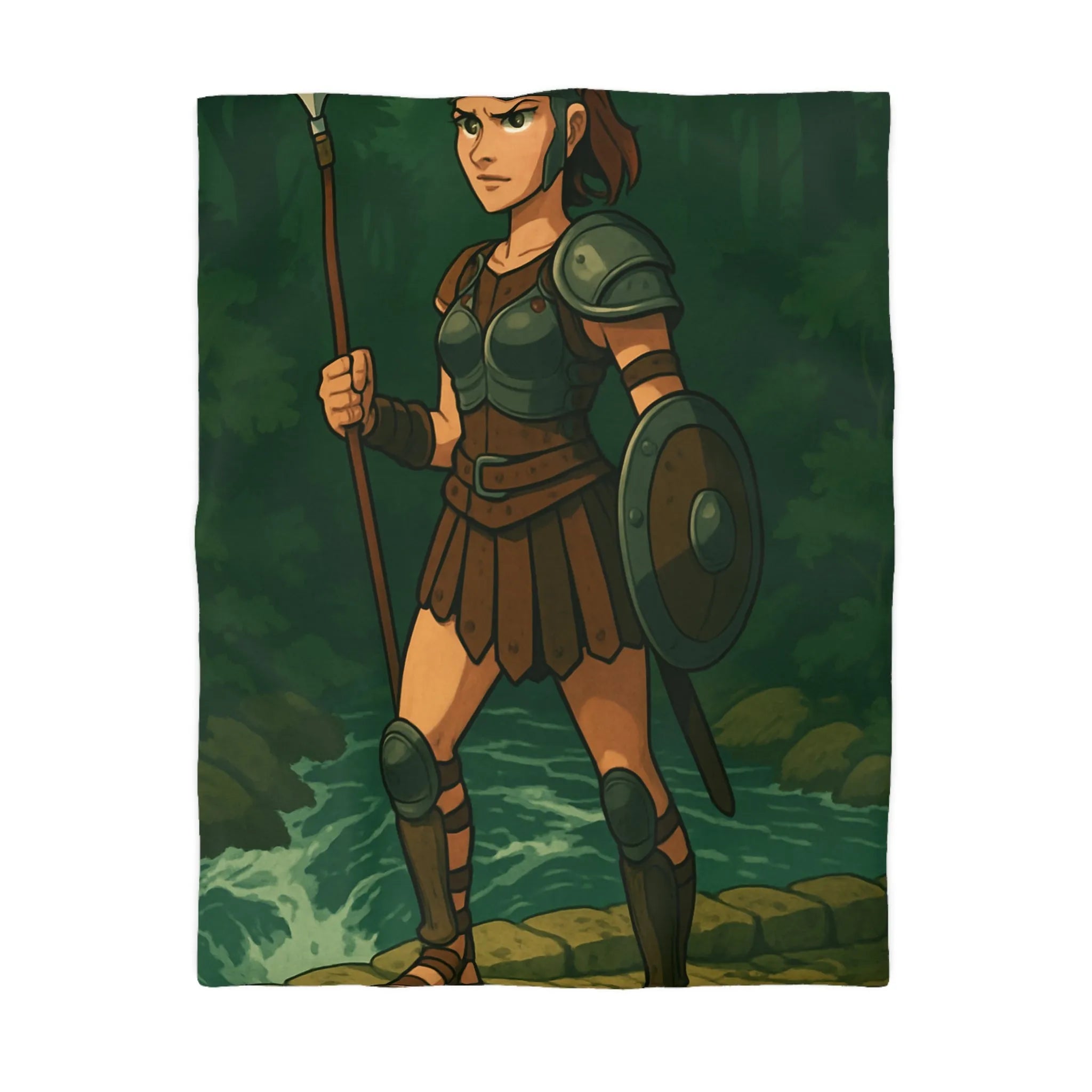 Housse de couette héroïque avec guerrière médiévale dans forêt mystique ambiance aventure épique