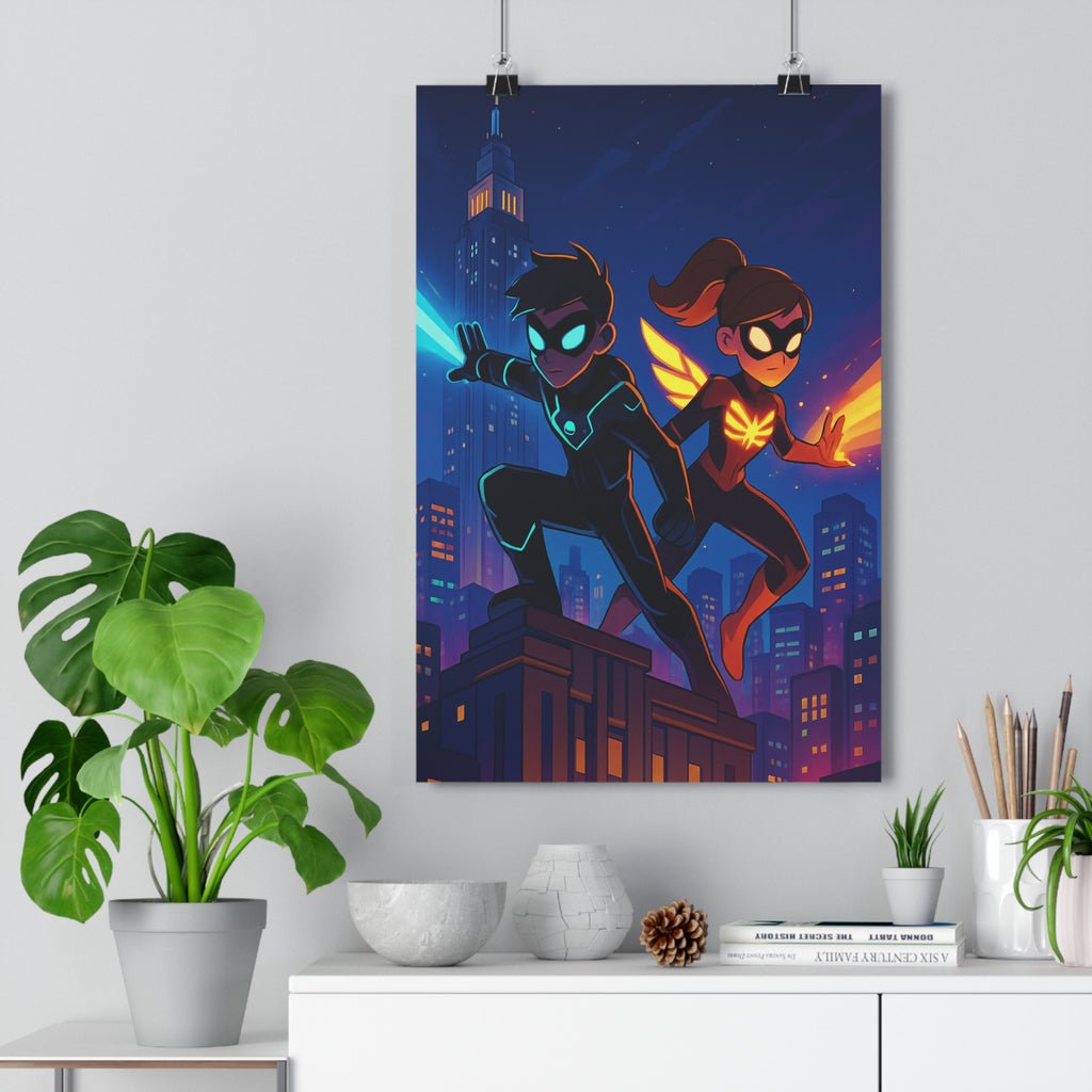 Poster décoratif moderne superhéros bleu orange futuriste dynamique chambre salon urbain néon aventure ambiance