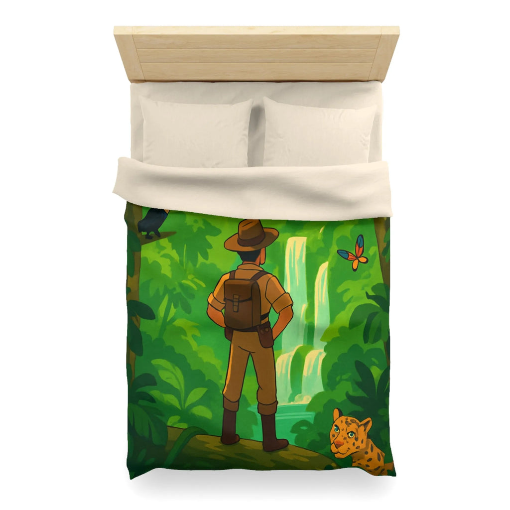 Housse de couette jungle exotique avec explorateur, toucan et paysages luxuriants