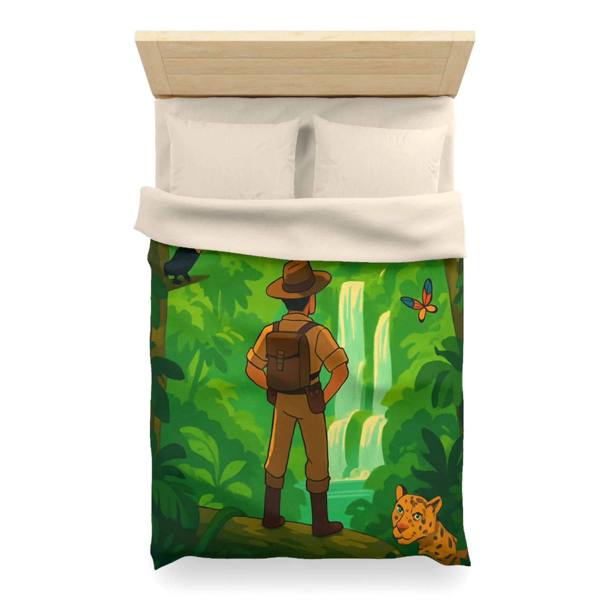 Housse de couette jungle exotique avec explorateur, toucan et paysages luxuriants