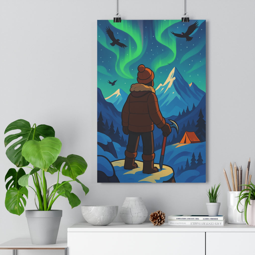 Poster décoratif aventure montagne enneigée lumineux bleu vert mystique cartoon chambre salon bureau qualité