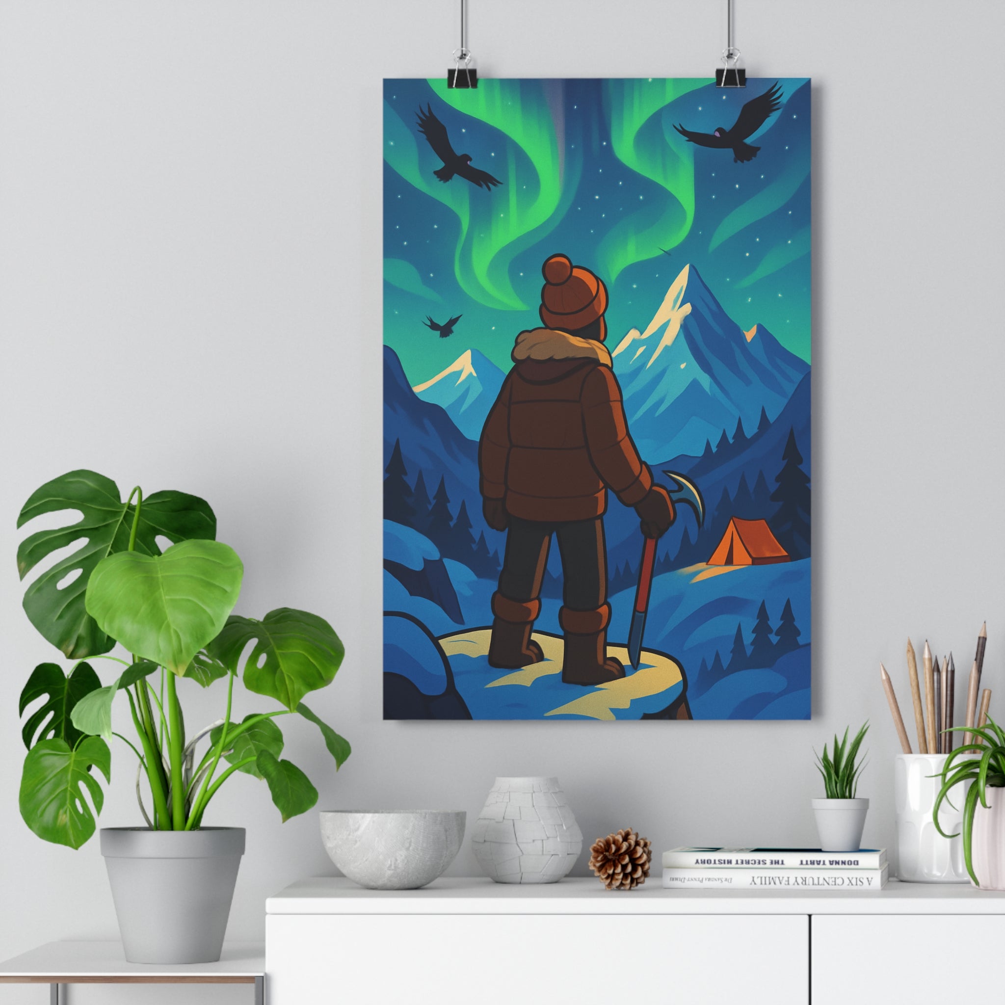 Poster décoratif aventure montagne enneigée lumineux bleu vert mystique cartoon chambre salon bureau qualité