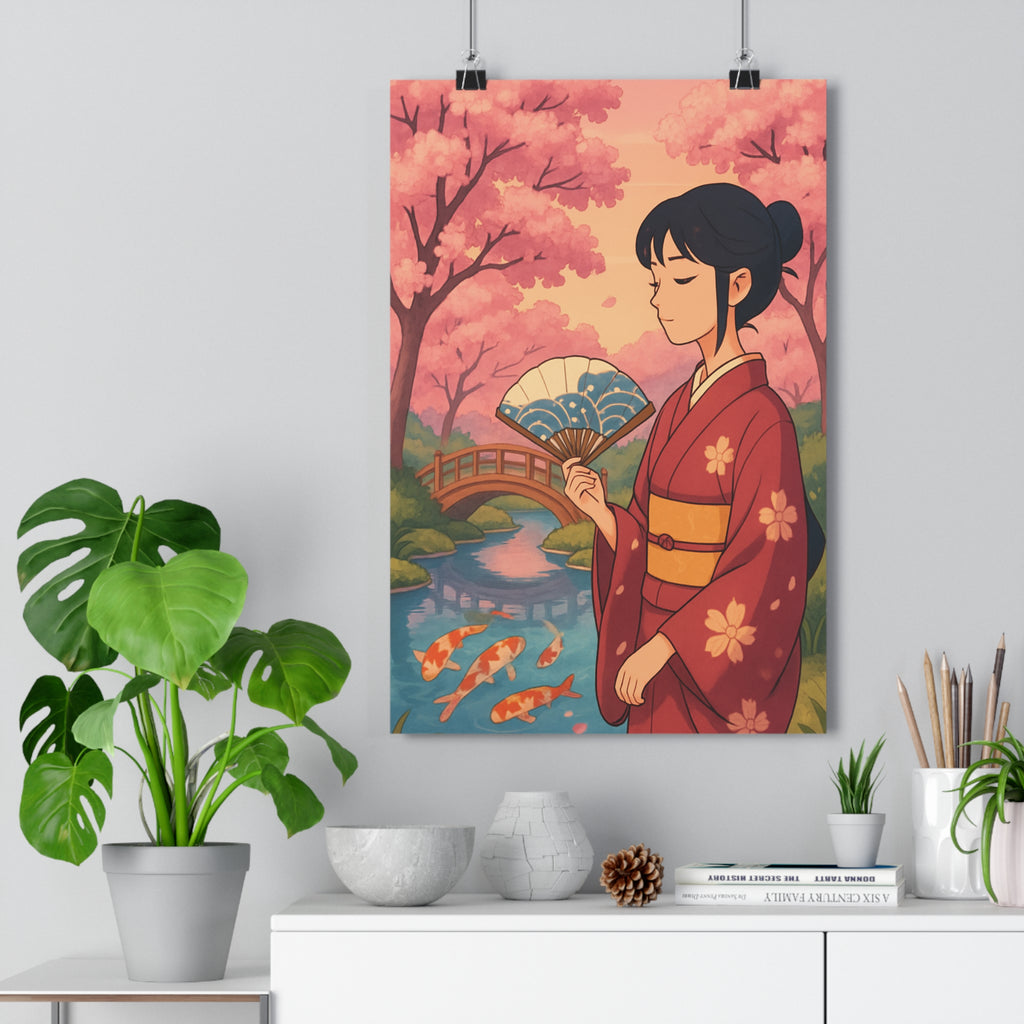 Poster décoratif pastel japonais sérénité cerisier rose bleu cartoon salon chambre paisible traditionnel élégant