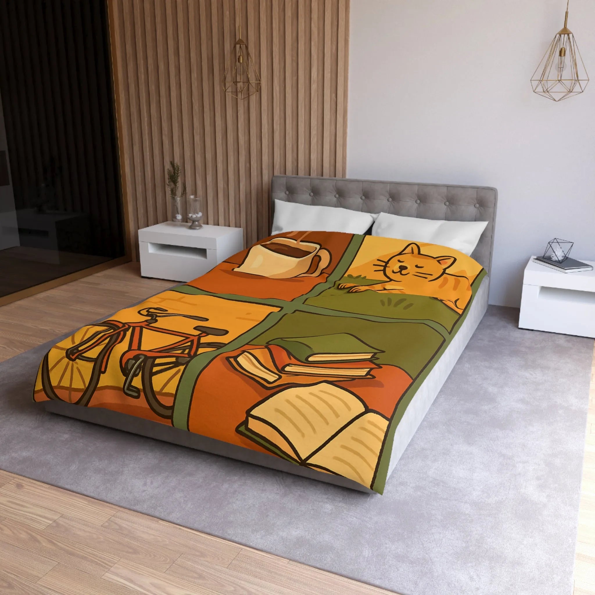 Housse de Couette Décontractée avec Chat Orange, Café, Vélo et Livres Colorés