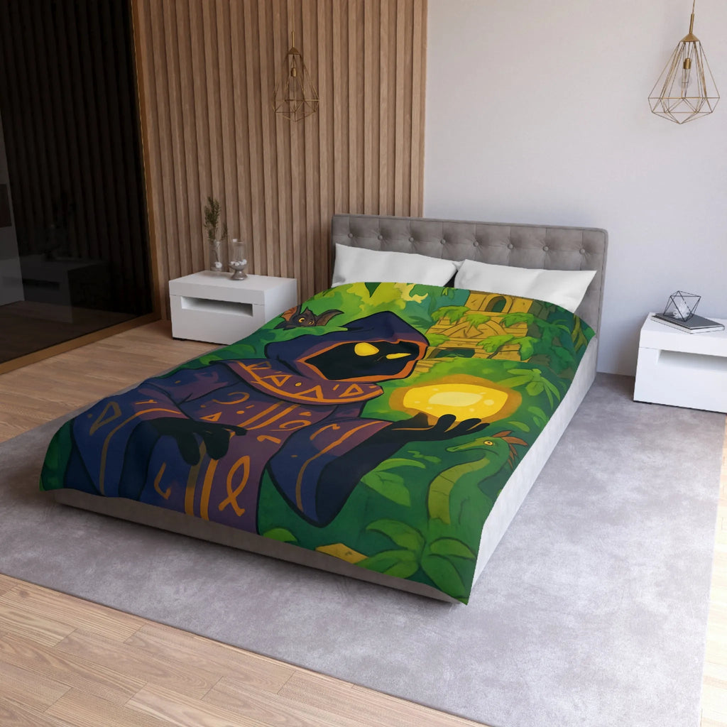 Housse de couette ambiance mystique avec mage sombre dans jungle énigmatique et temple ancien