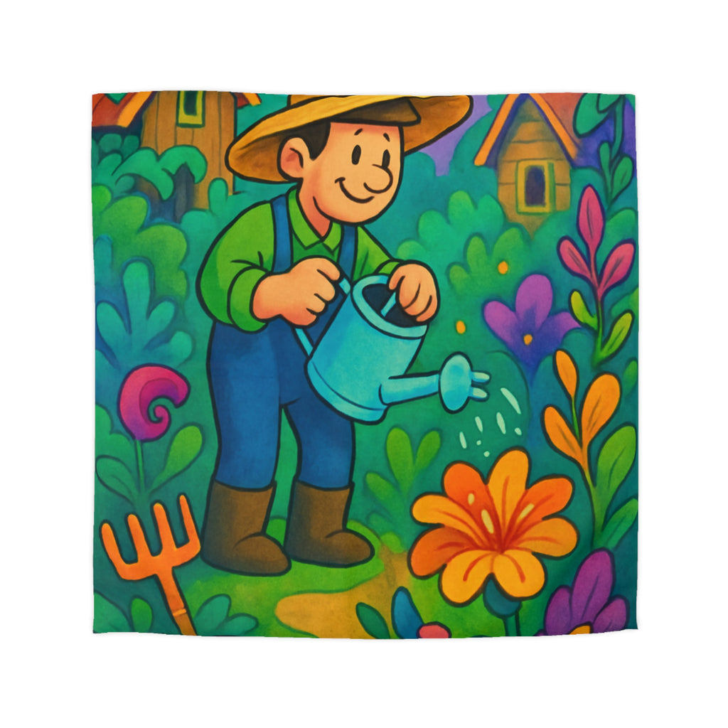 Housse de couette vibrant jardin dessin animé, thème jardinier, ambiance colorée et ludique