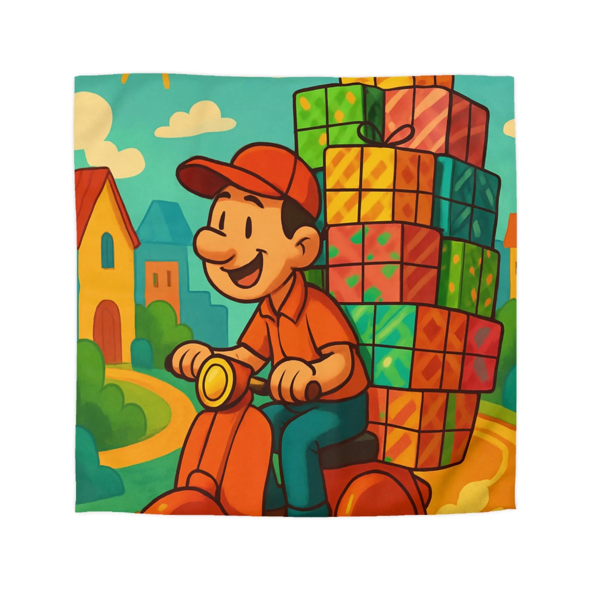 Housse de couette joyeuse avec livreur gai transportant des cadeaux colorés sur scooter