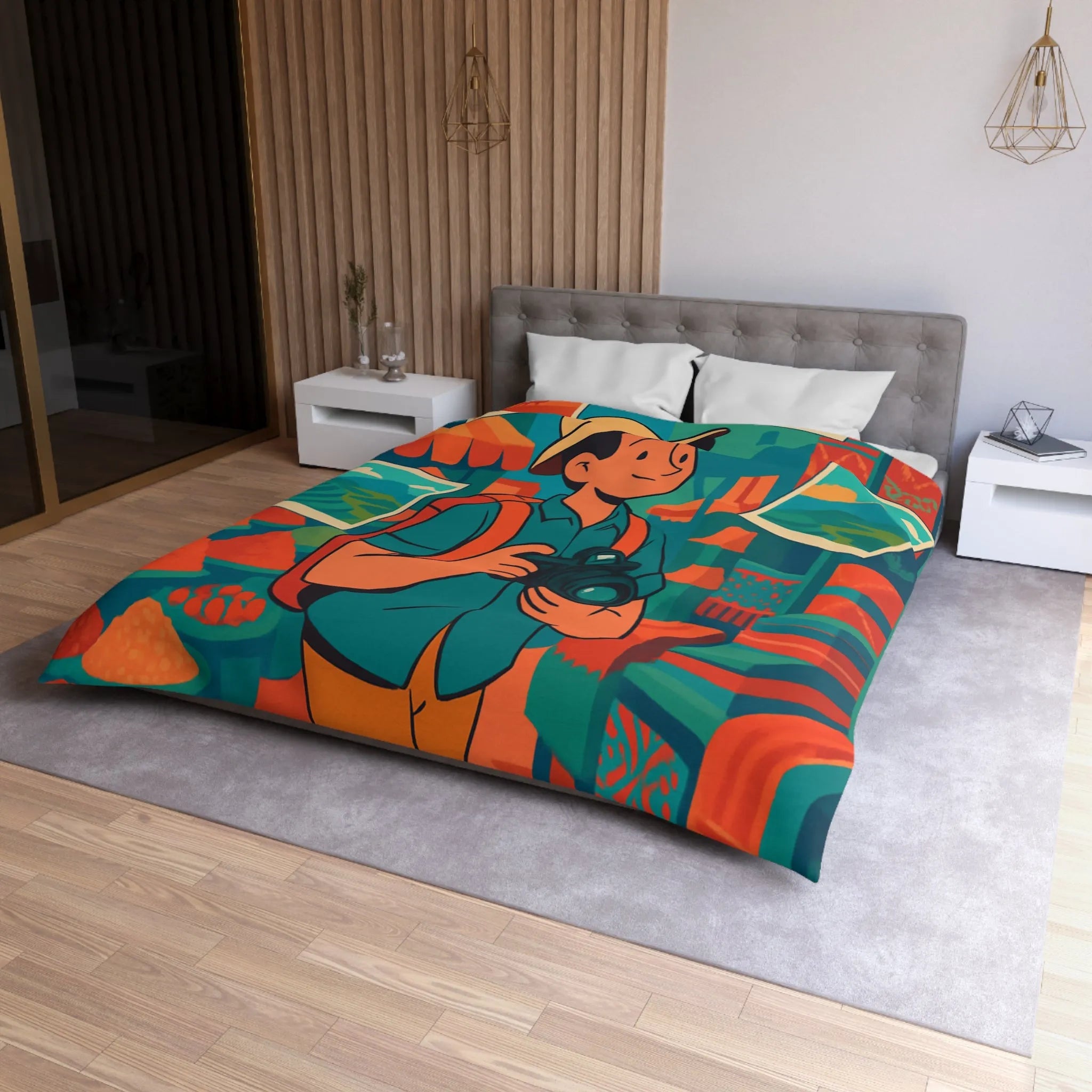 Housse de Couette Colorée avec Voyageur Photographiant un Marché Animé et Vibrant