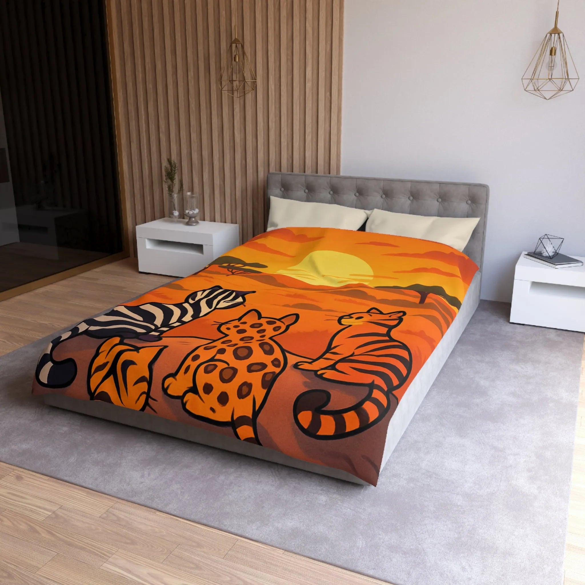 Housse de Couette avec Chats Sauvages Observant le Coucher de Soleil en Savane Africaine