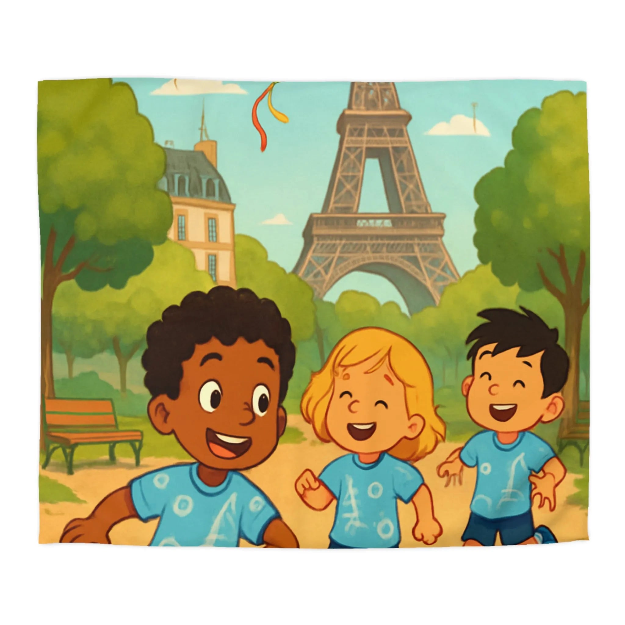 Housse de couette enfant avec tour iconique et cerfs-volants colorés en arrière-plan