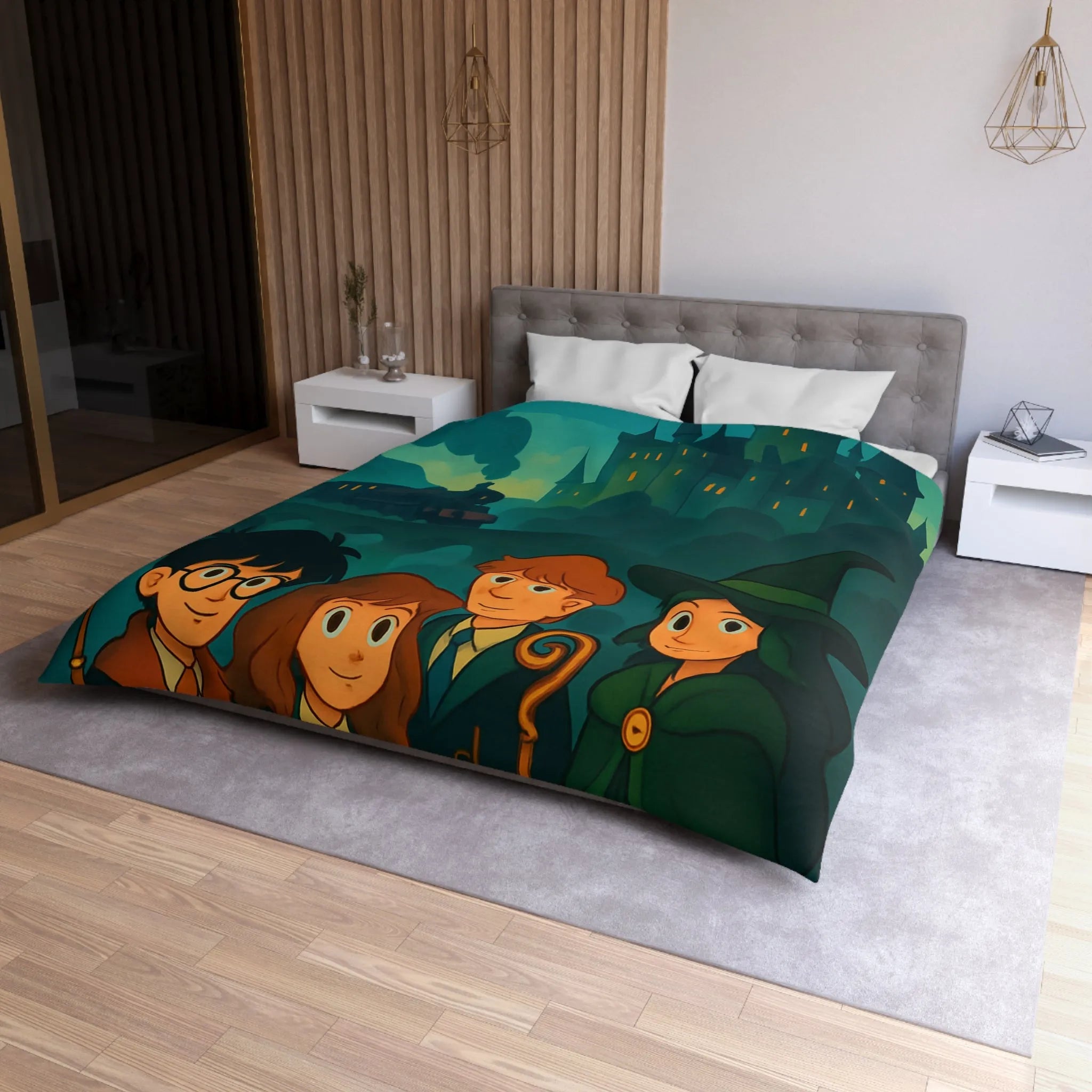 Housse de couette magique avec château et étudiants en sorcellerie dans une forêt enchantée