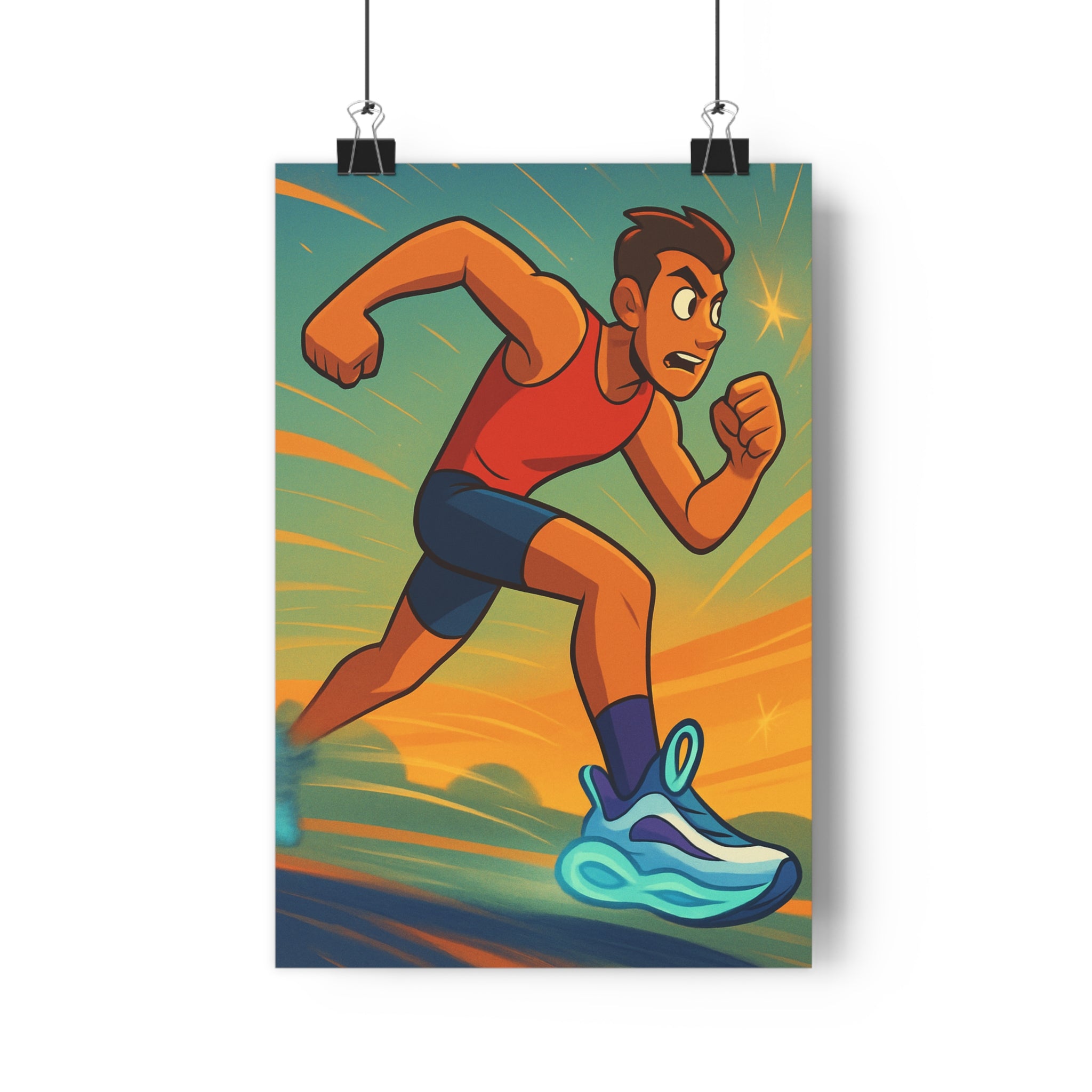 Poster décoratif moderne athlète dynamique course énergie bleu rouge orange vitalité salon chambre bureau