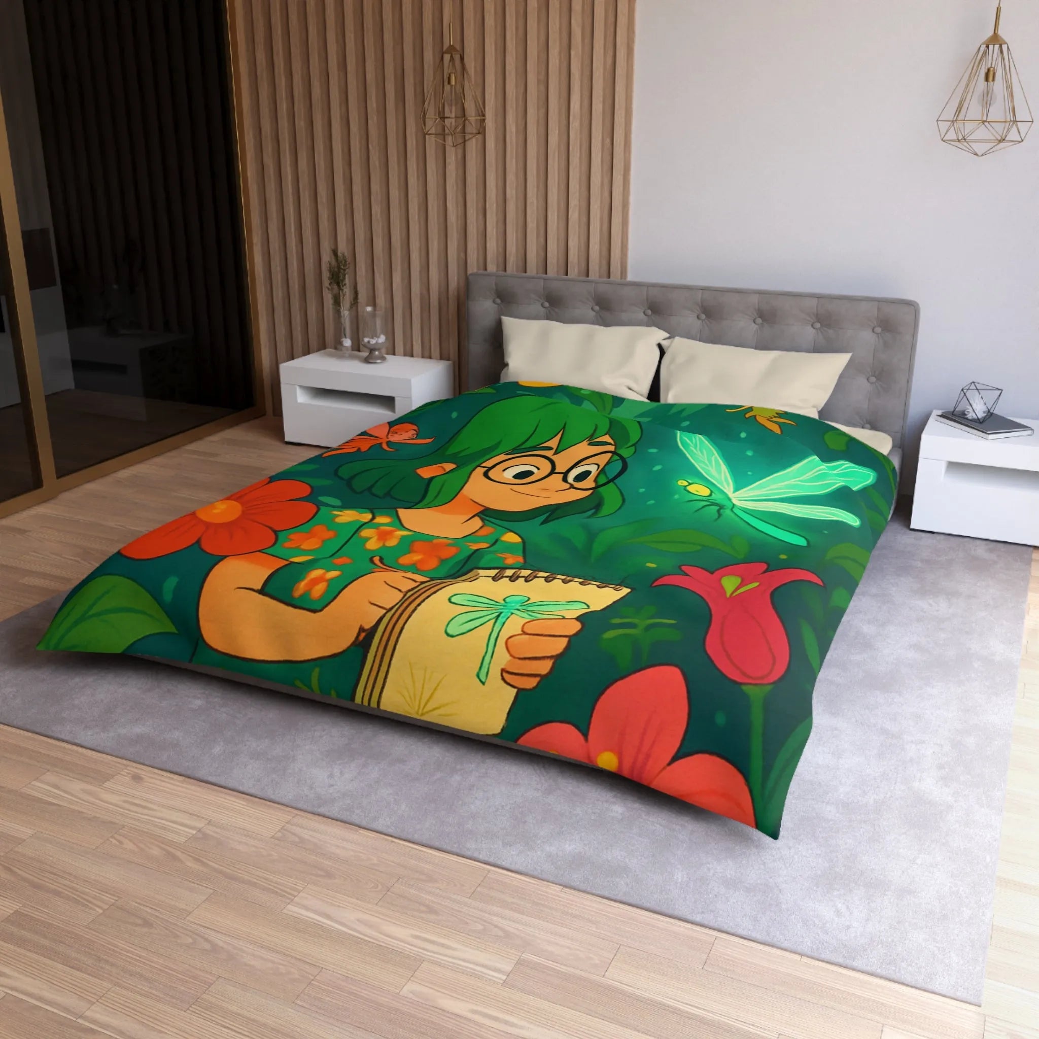 Housse de couette colorée avec fées et libellule dans un jardin enchanteur