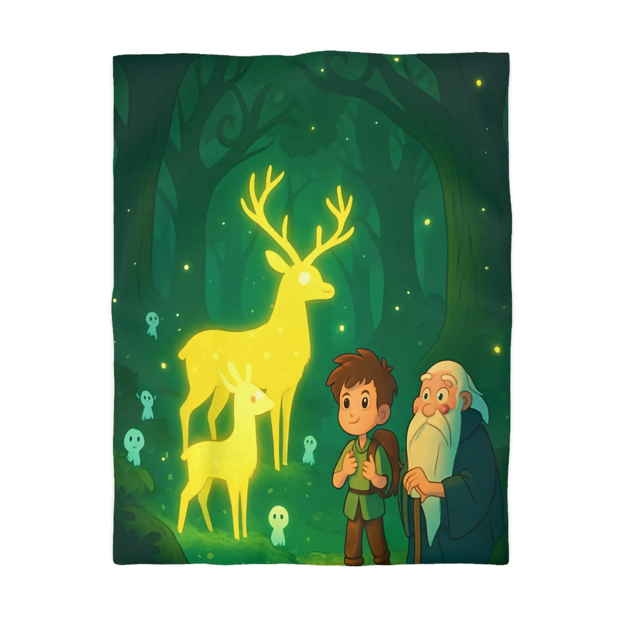 Housse de couette féerique avec cerfs lumineux et personnages dans une forêt enchantée