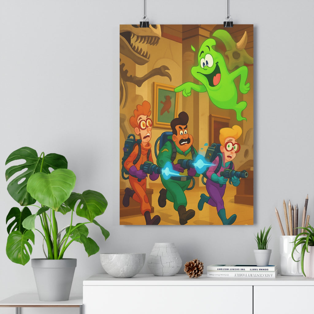 Poster décoratif comique chasse fantômes coloré vert humoristique bande dessinée ludique chambre amusant vibrant