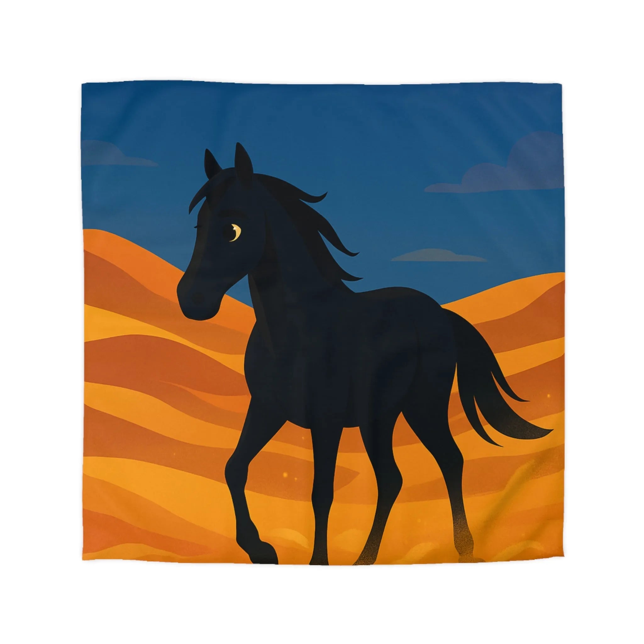 Housse de couette cheval noir galopant sur dunes dorées au crépuscule paisible
