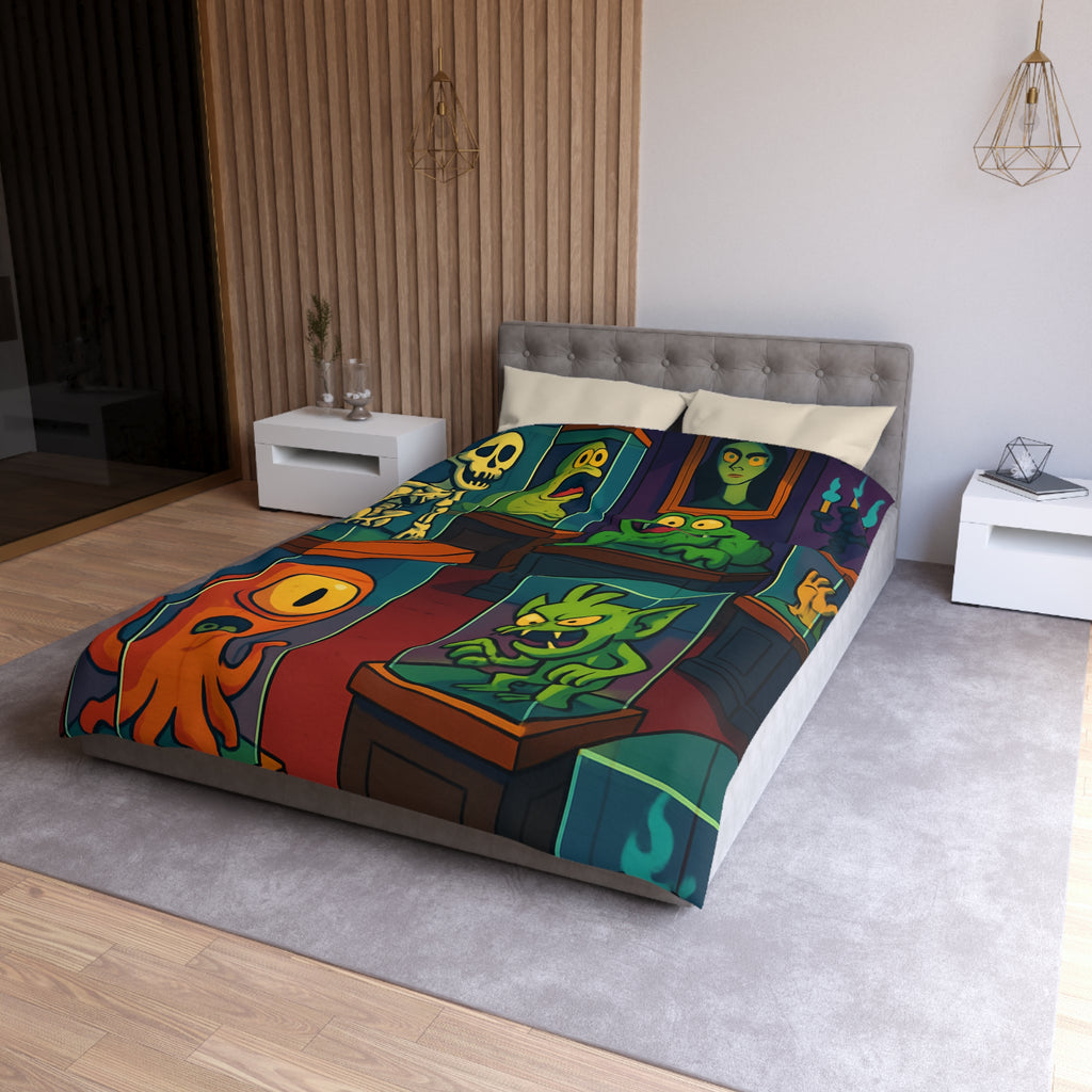 Housse de couette pour enfant avec monstres comiques dans un musée fantaisiste et coloré