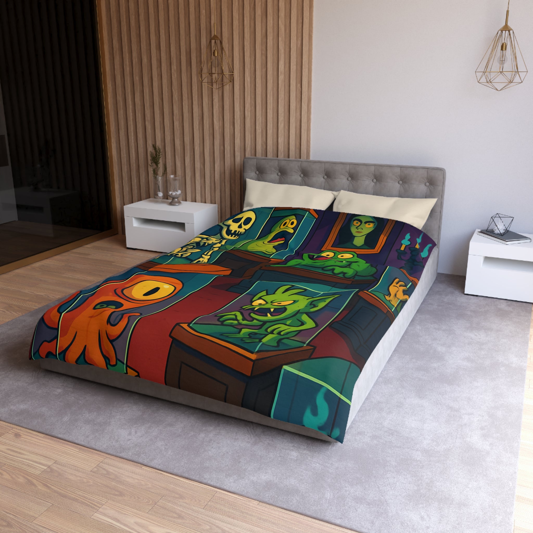 Housse de couette pour enfant avec monstres comiques dans un musée fantaisiste et coloré