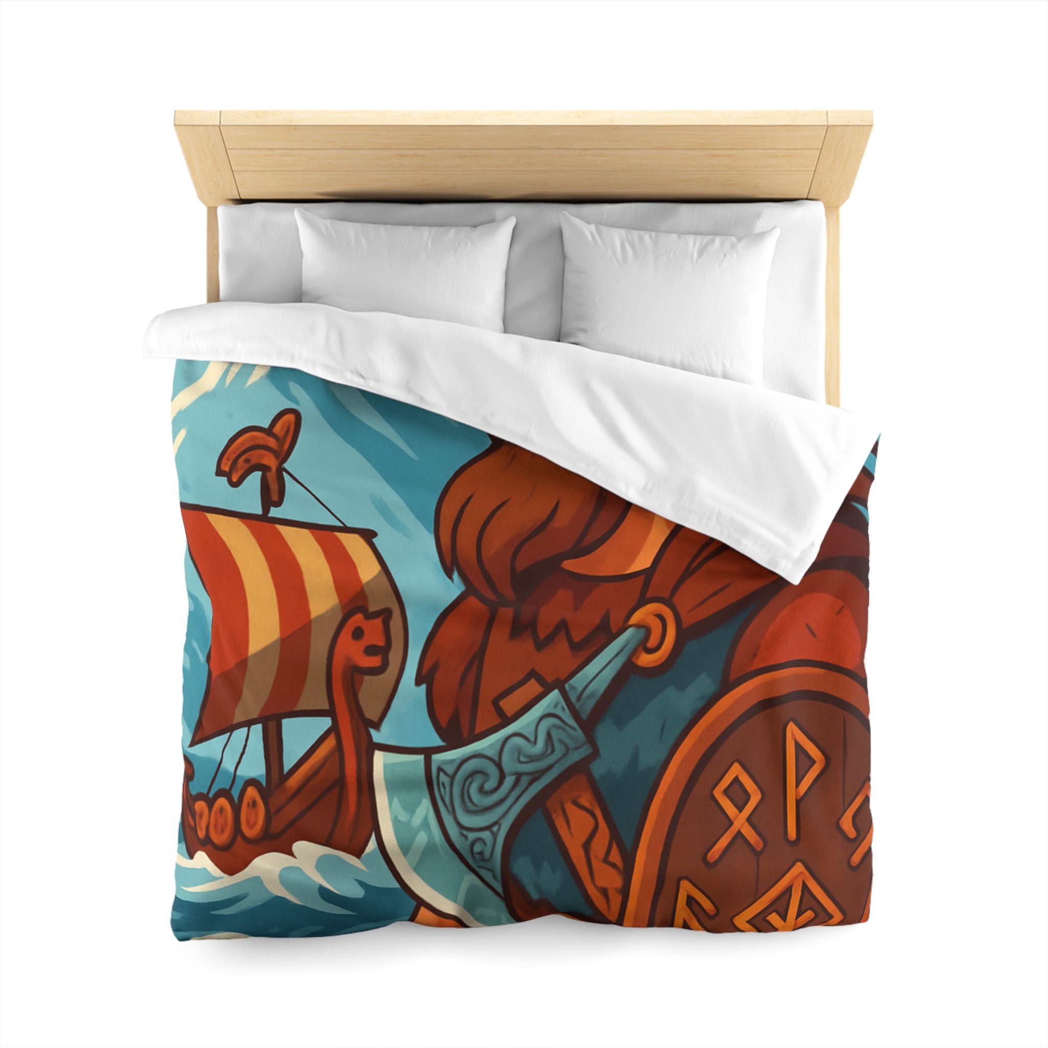 Housse de couette viking avec guerrier, montagne, navire, mer, motifs runiques