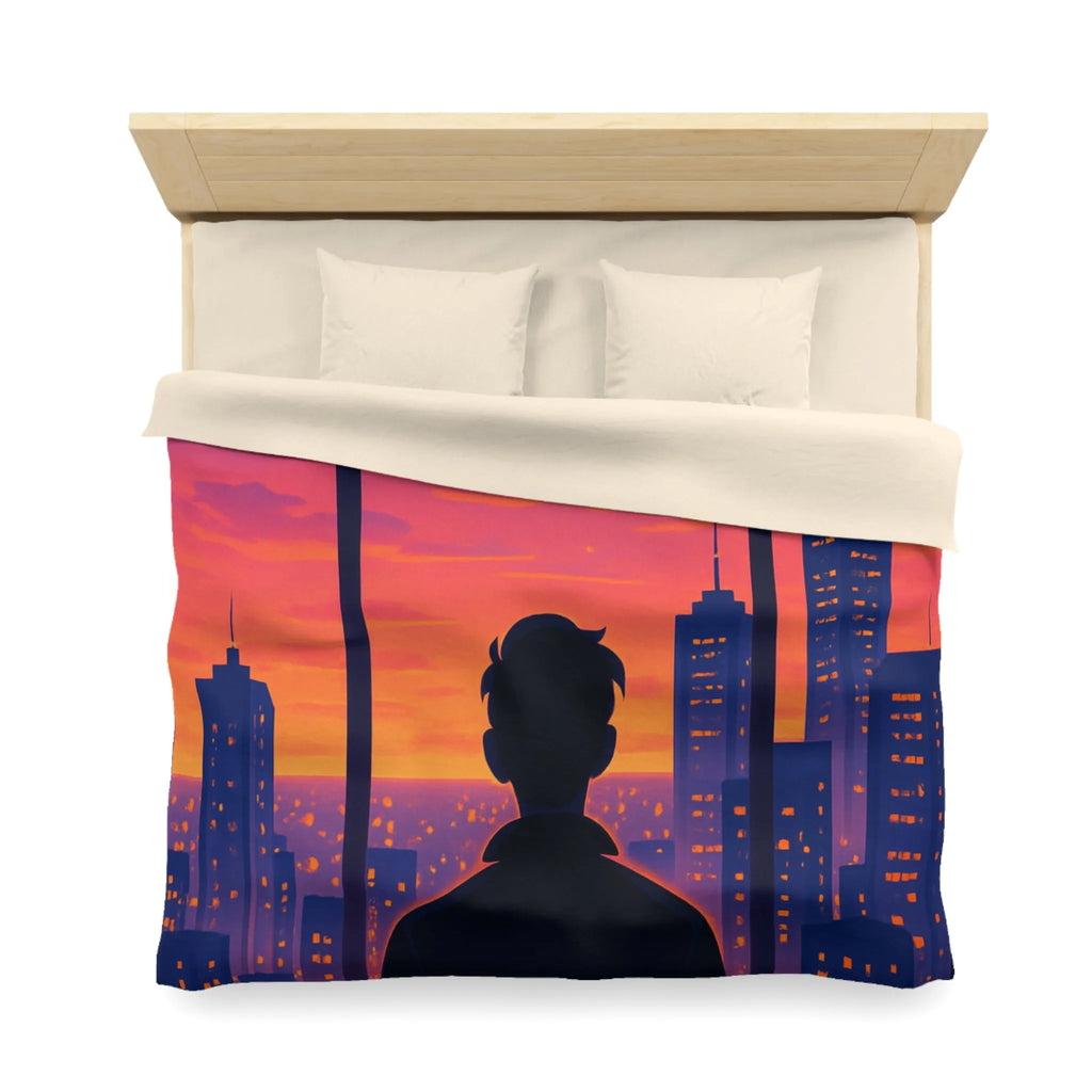 Housse de Couette Colorée avec Silhouette de Personne Devant Ville au Crépuscule