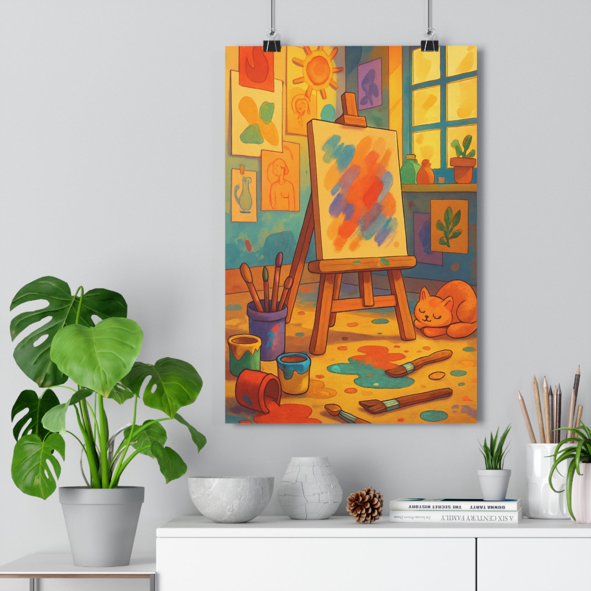 Poster décoratif cartoon vibrant orange bleu salon chambre enfant joyeux artiste atelier chevalet toile