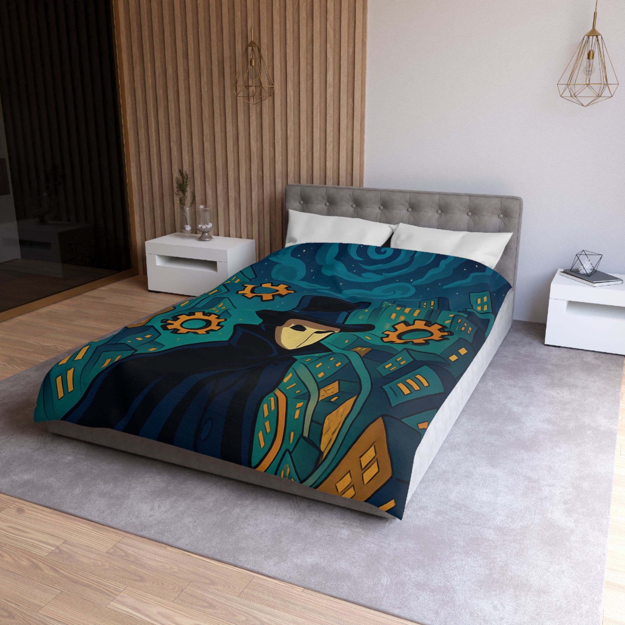 Housse de couette mystérieuse avec personnage masqué, engrenages dorés et ville nocturne