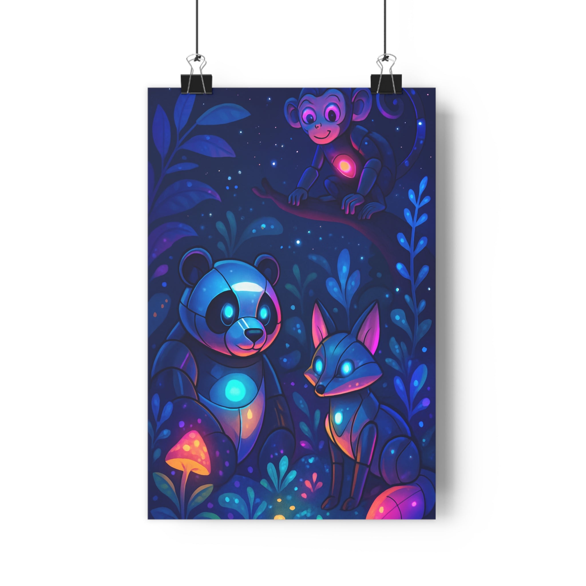 Poster décoratif animaux robotique coloré lumineux aventure chambre enfant moderne magique ambiance unique vibrant