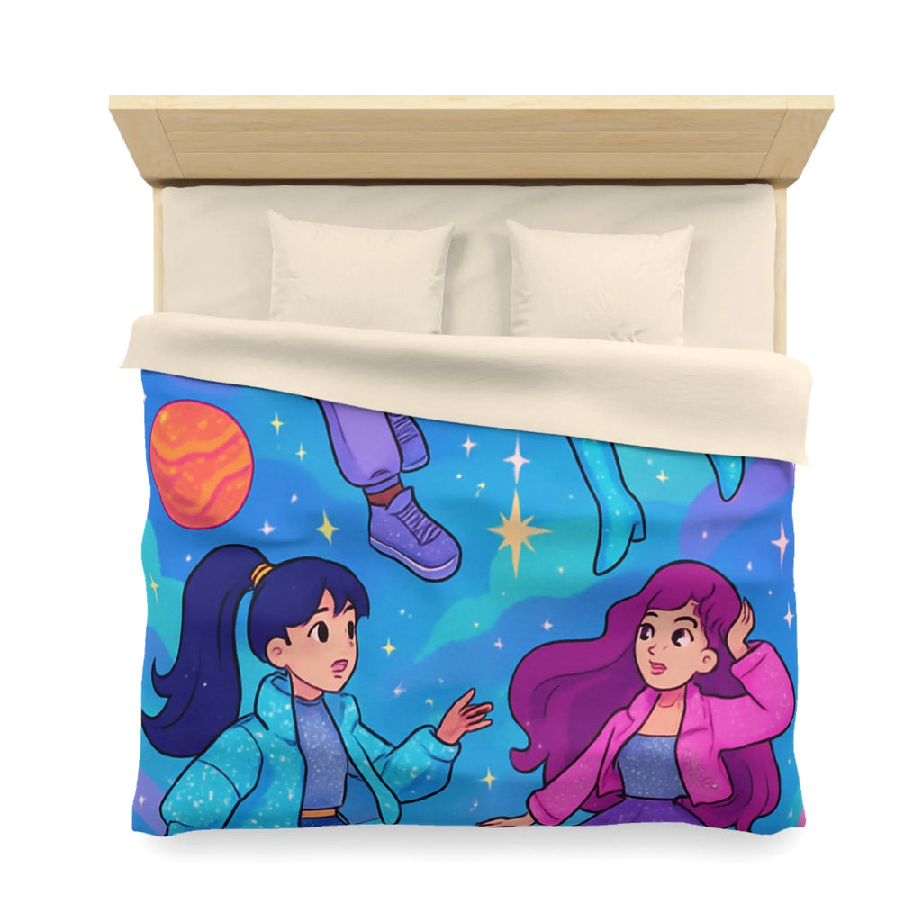 Housse de couette colorée avec filles dans l'espace et étoiles scintillantes joyeuses