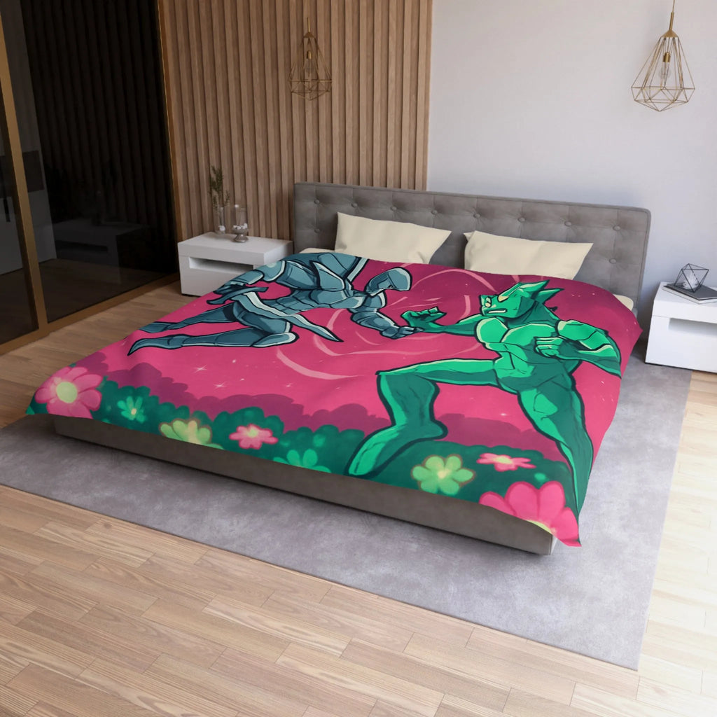 Housse de couette illustrée super-héros ailé avec scène de combat cosmique floral coloré