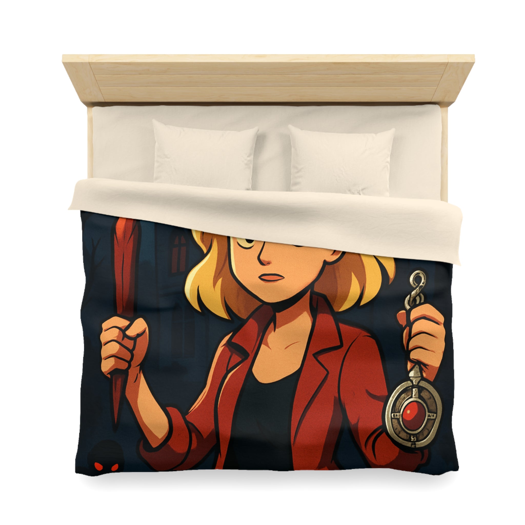 Housse de couette mystérieuse avec scène de château effrayant, pleine lune et silhouette combattive