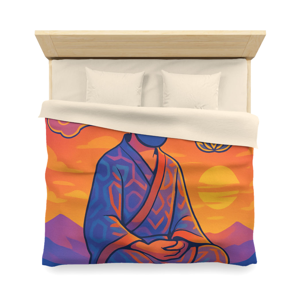 Housse de Couette Zen Moine Méditant au Coucher de Soleil Avec Fleurs de Lotus