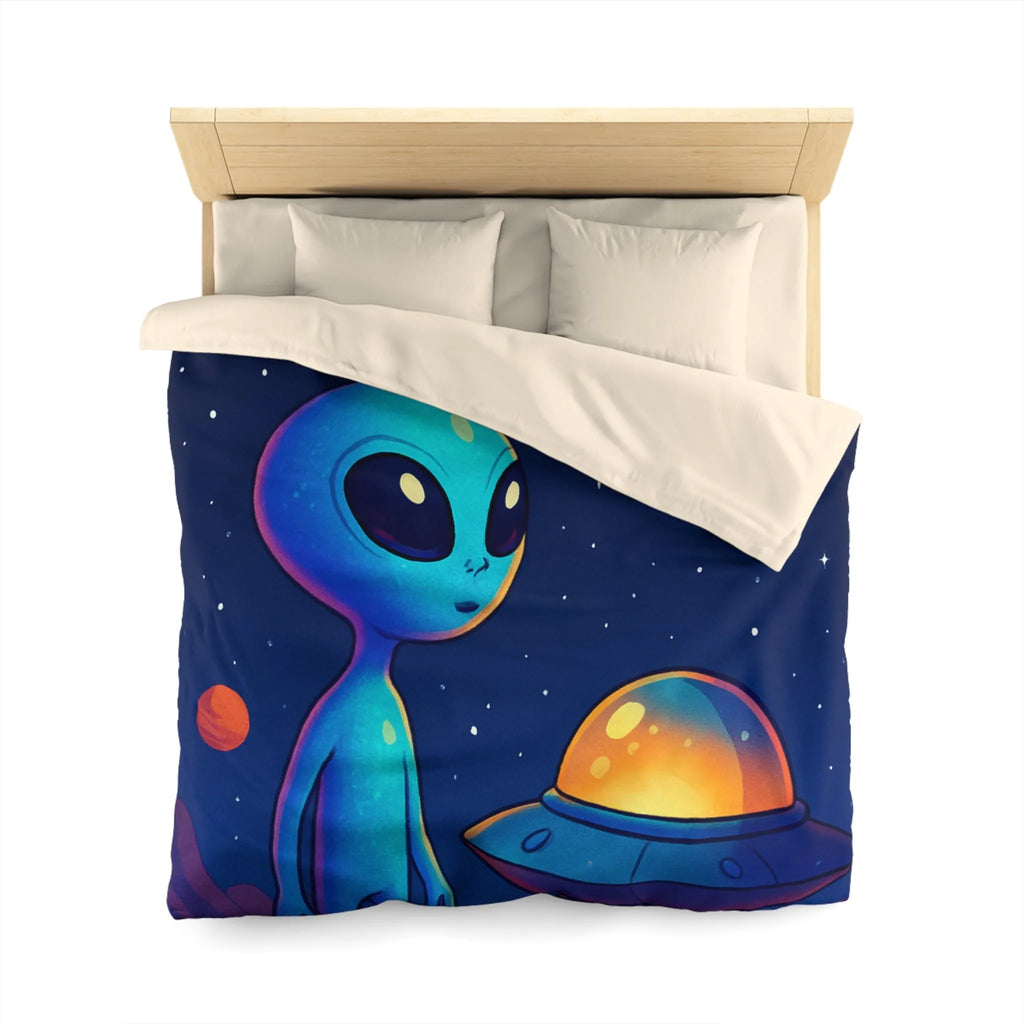 Housse de couette avec motif adorable de petit extraterrestre bleu et soucoupe volante